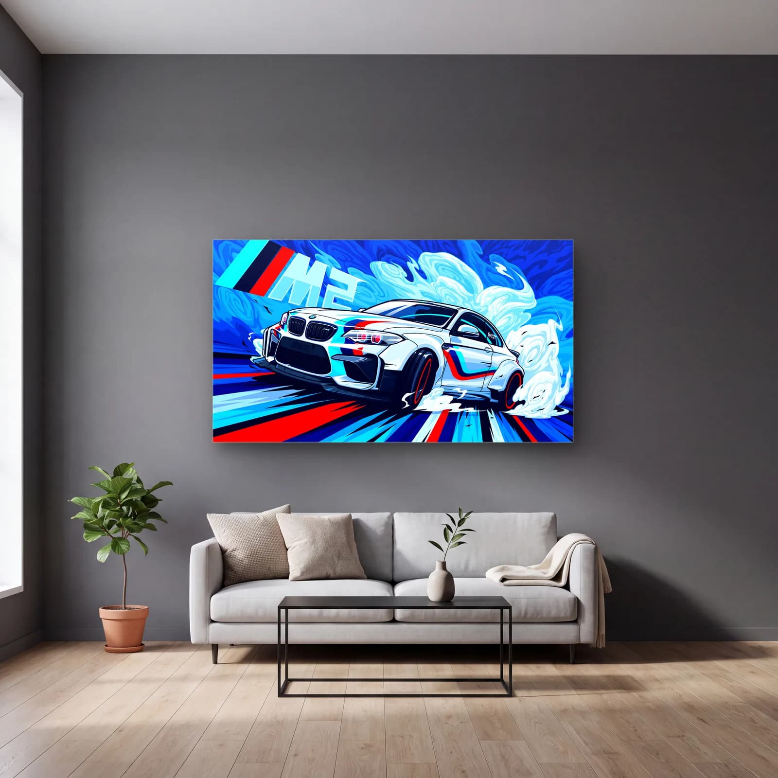 BMW M2 Drift Posteri cam tablo — gri duvarlı salonda