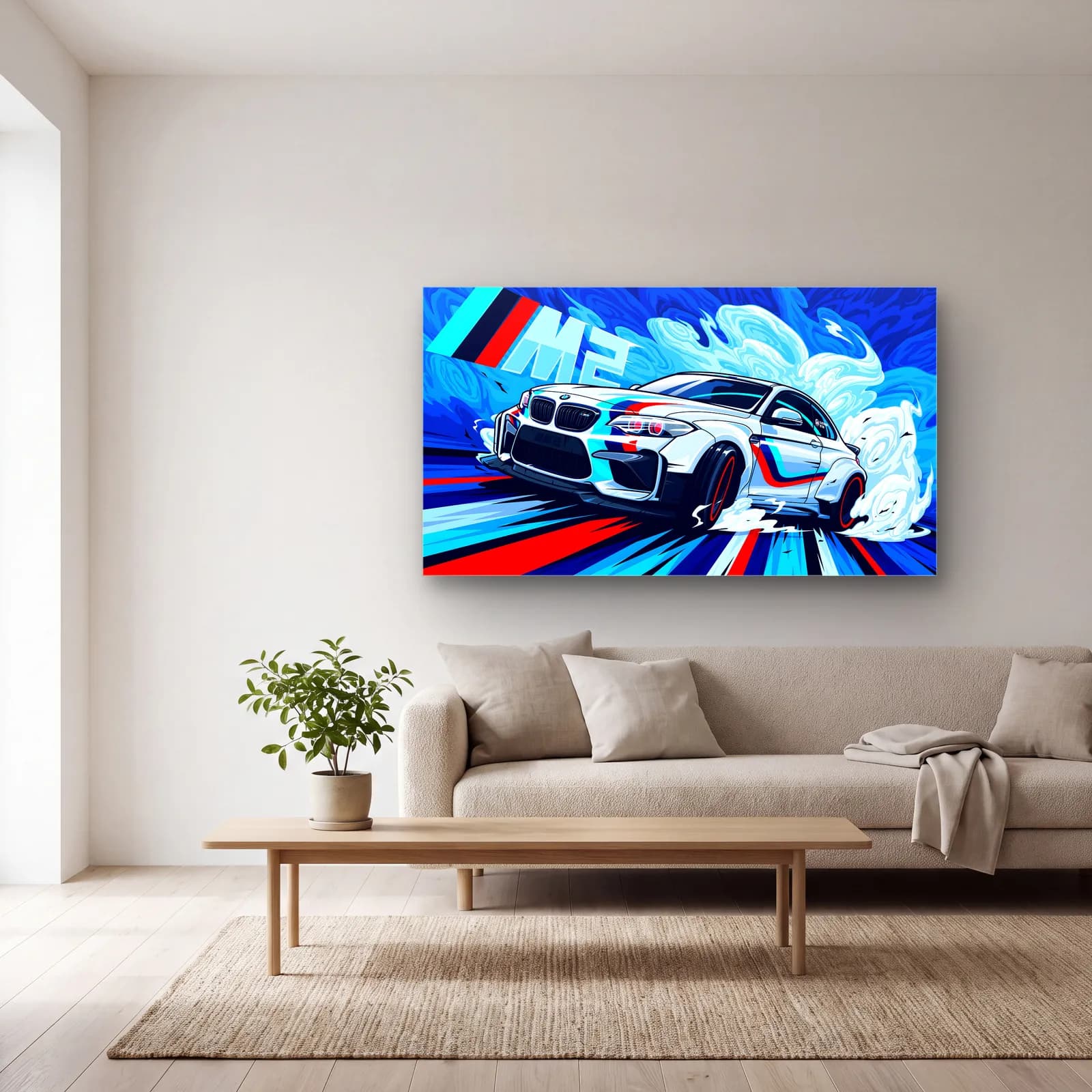 BMW M2 Drift Posteri cam tablo — açık renk salonda