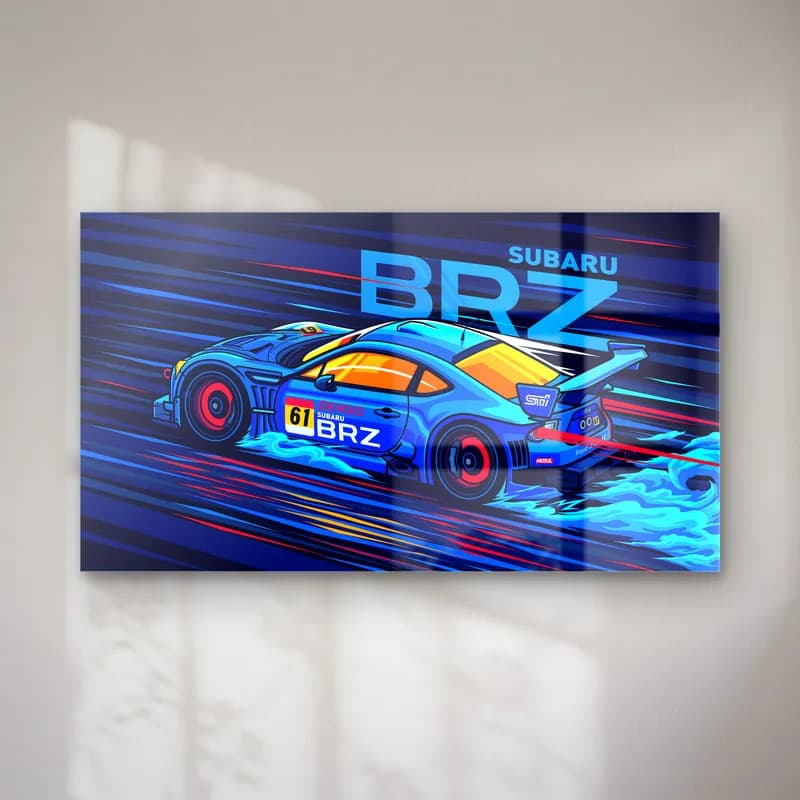 Subaru BRZ Yarış Posteri cam tablo — Lacivert zeminde BRZ yazısı ve mavi Subaru BRZ yarış arabası illüstrasyonu
