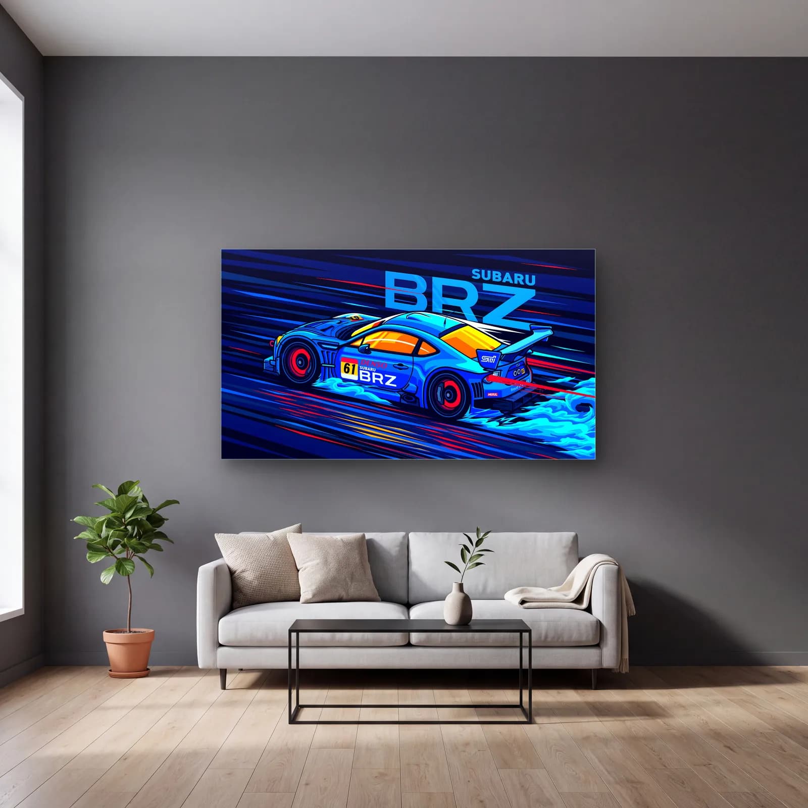 Subaru BRZ Yarış Posteri cam tablo — gri duvarlı salonda