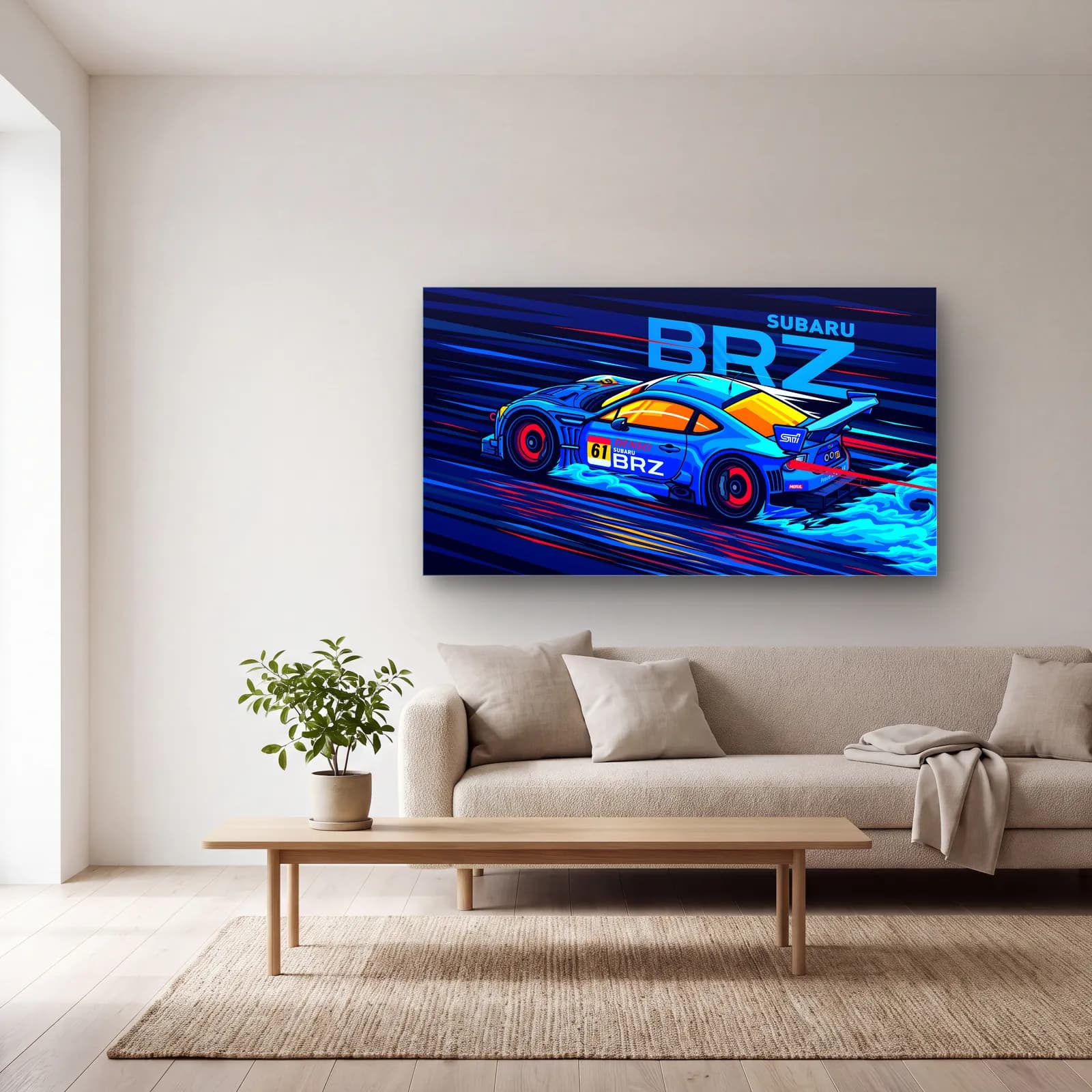 Subaru BRZ Yarış Posteri cam tablo — açık renk salonda