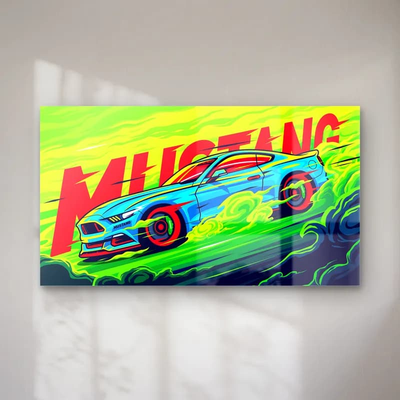 Ford Mustang Neon Posteri cam tablo — Neon yeşil arka planda kırmızı Mustang yazısı ve turkuaz Ford Mustang