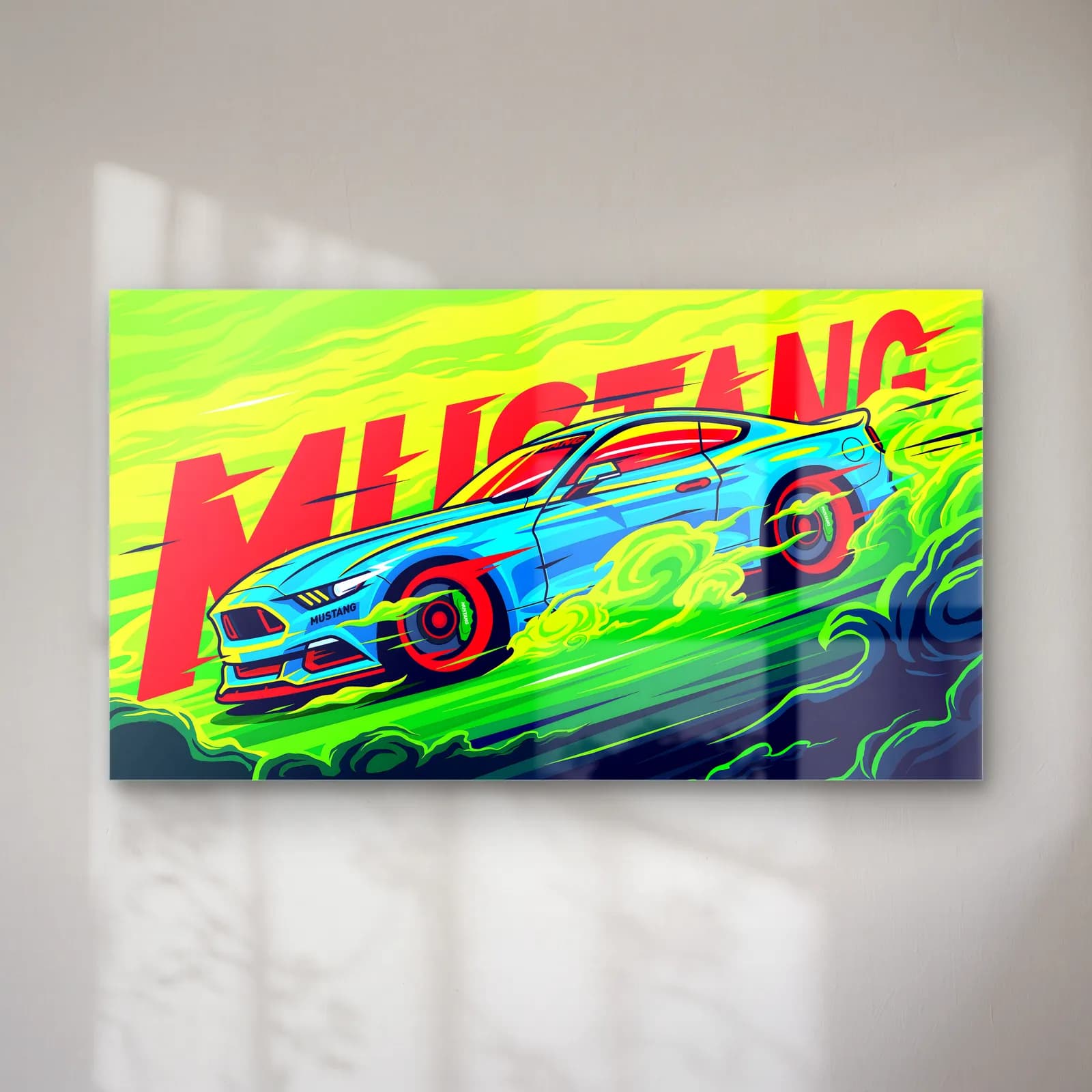 Ford Mustang Neon Posteri cam tablo — Neon yeşil arka planda kırmızı Mustang yazısı ve turkuaz Ford Mustang