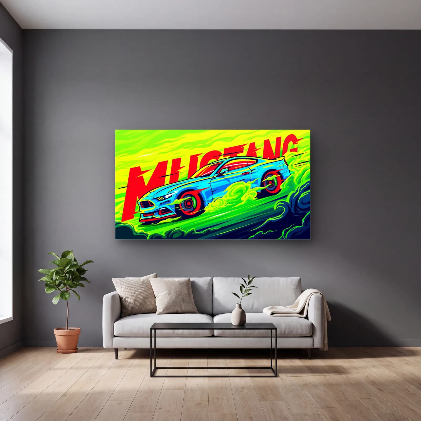 Ford Mustang Neon Posteri cam tablo — gri duvarlı salonda