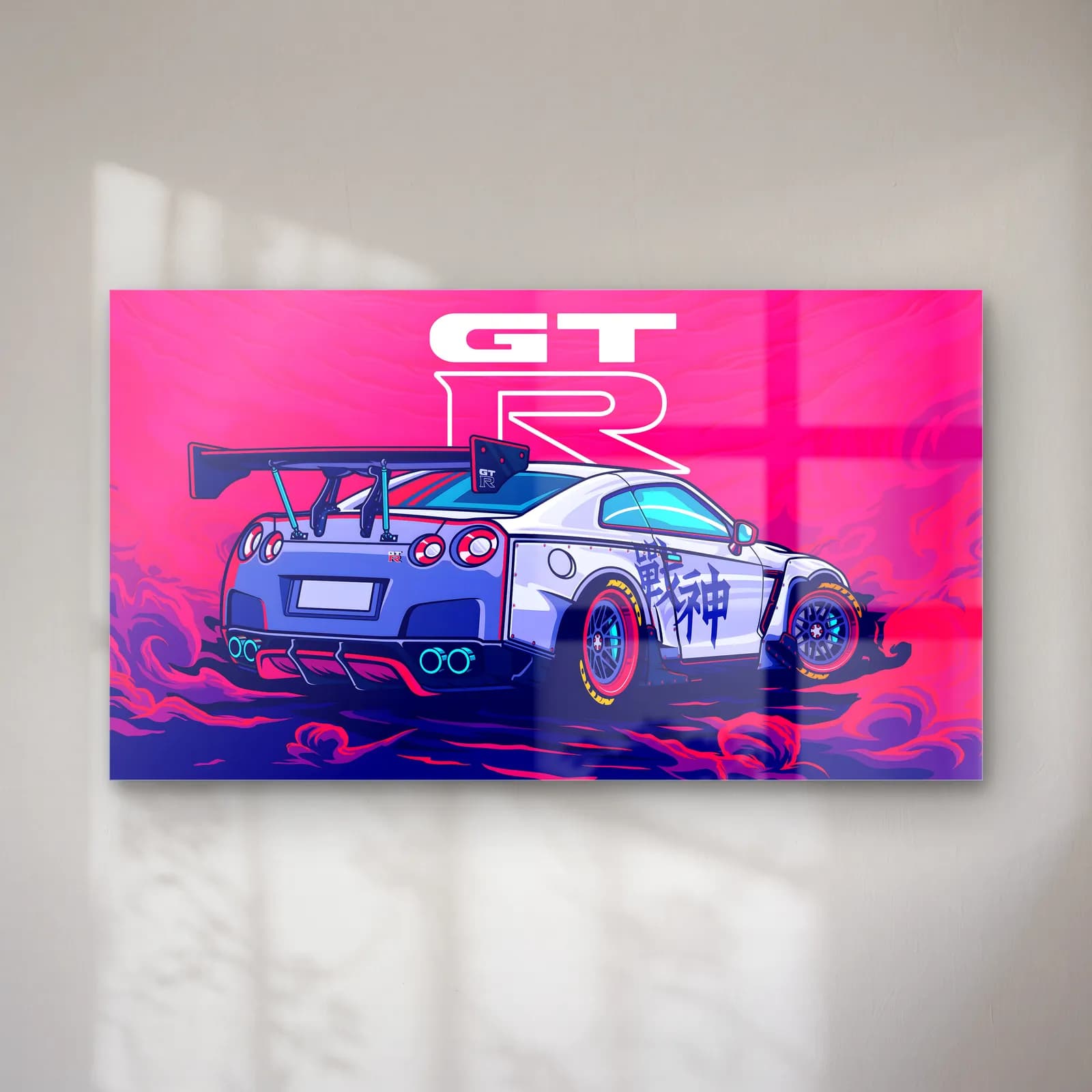 Nissan GT-R Pembe Poster cam tablo — Pembe zeminde GT-R yazısı altında arkadan görünen beyaz Nissan GT-R