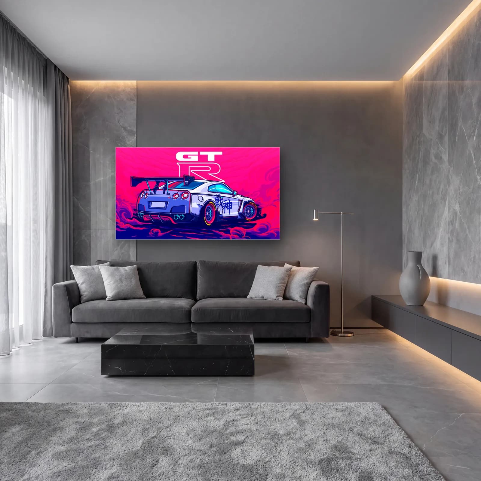 Nissan GT-R Pembe Poster cam tablo — lüks salon duvarında