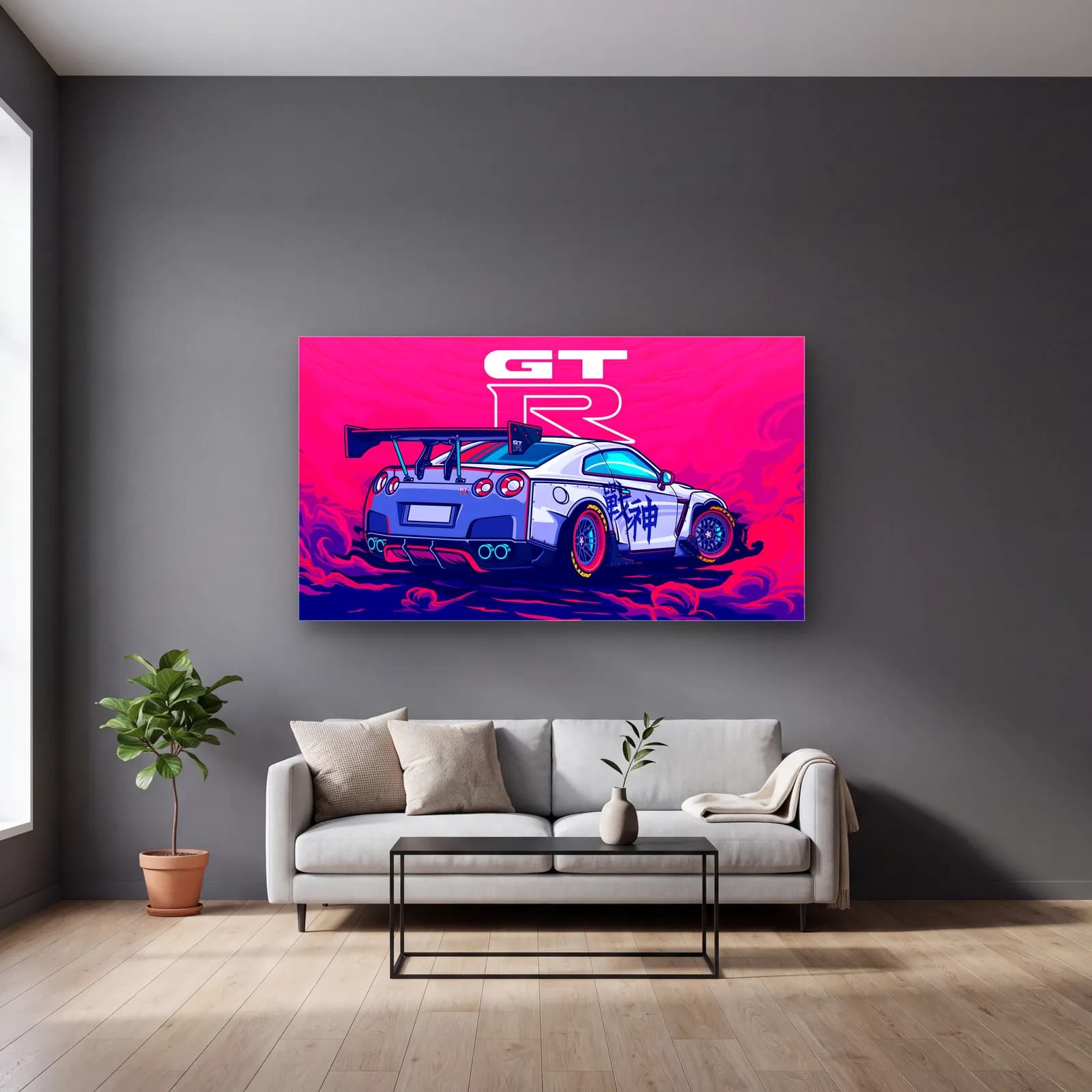 Nissan GT-R Pembe Poster cam tablo — gri duvarlı salonda