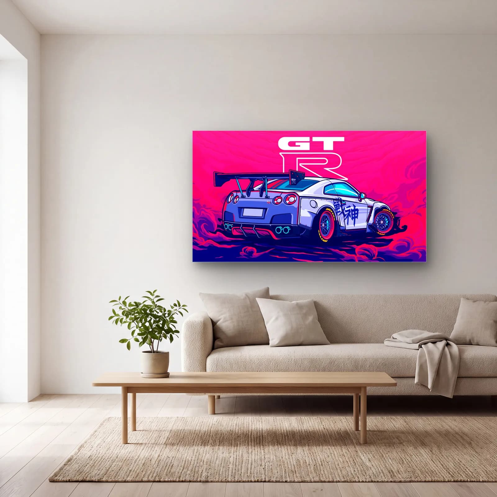 Nissan GT-R Pembe Poster cam tablo — açık renk salonda