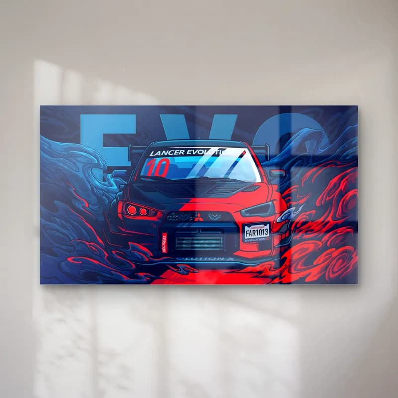 Mitsubishi Lancer Evo Posteri cam tablo — Lacivert zeminde EVO yazısı önünde kırmızı Mitsubishi Lancer Evolution