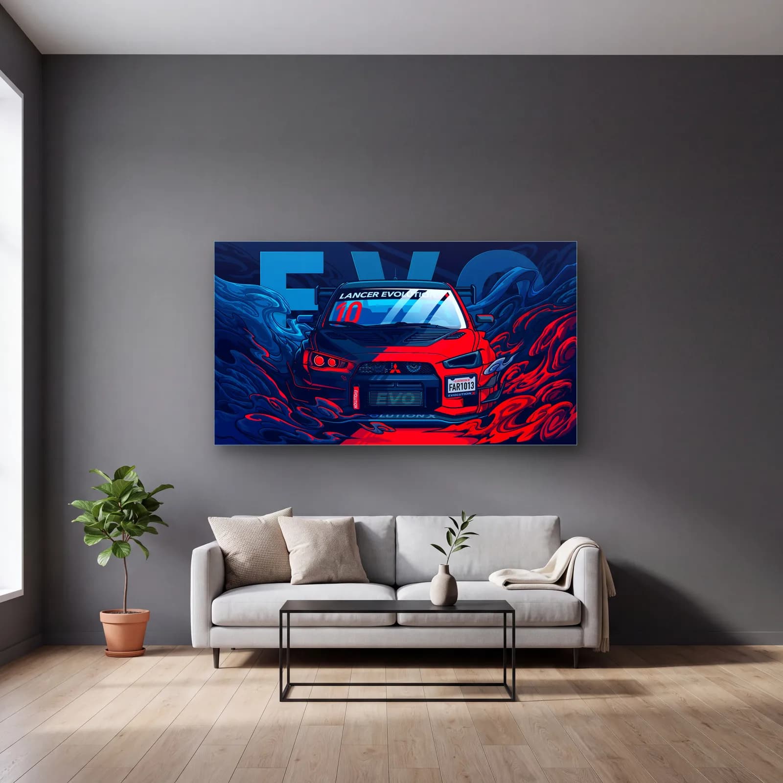 Mitsubishi Lancer Evo Posteri cam tablo — gri duvarlı salonda
