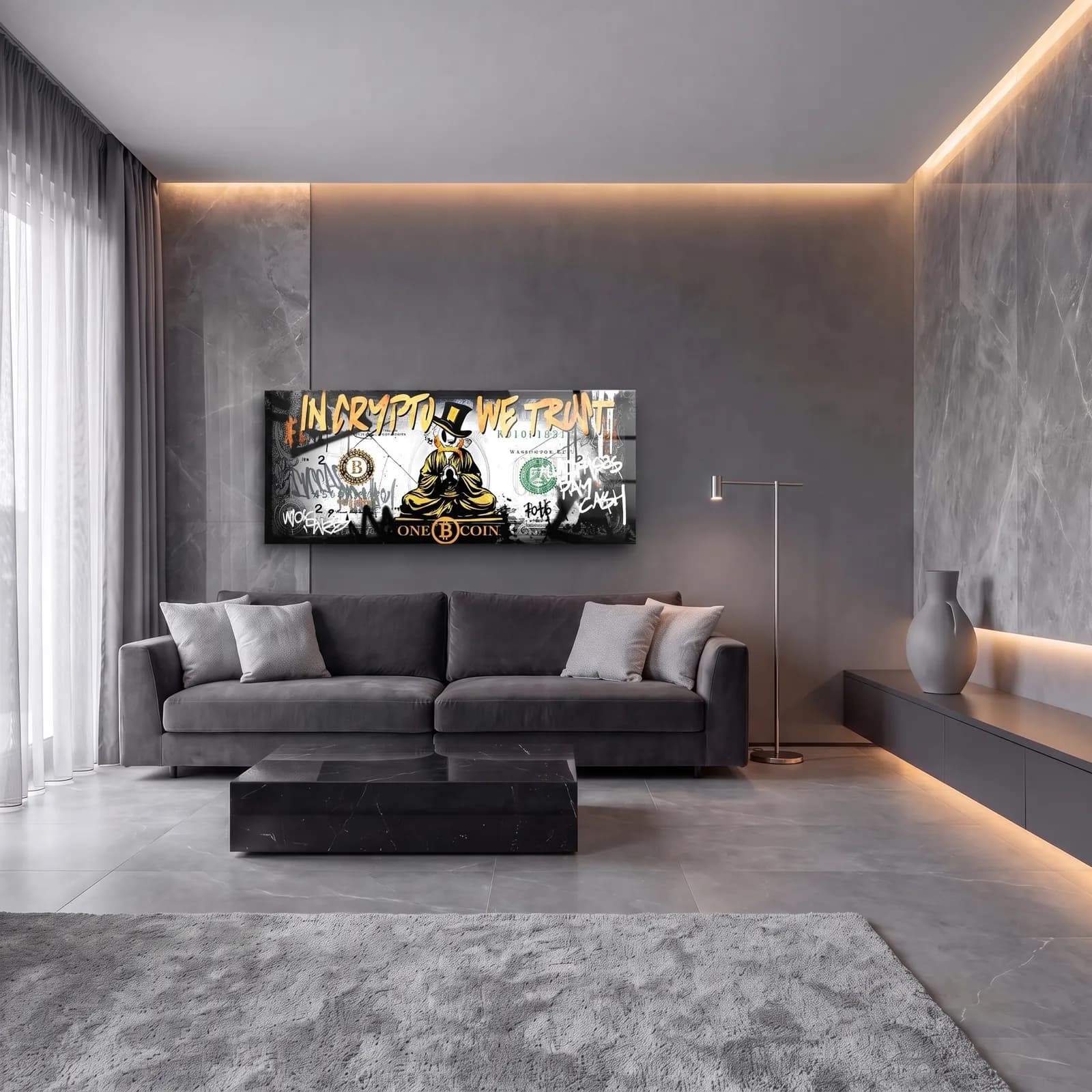 In Crypto We Trust Bitcoin cam tablo — lüks salon duvarında