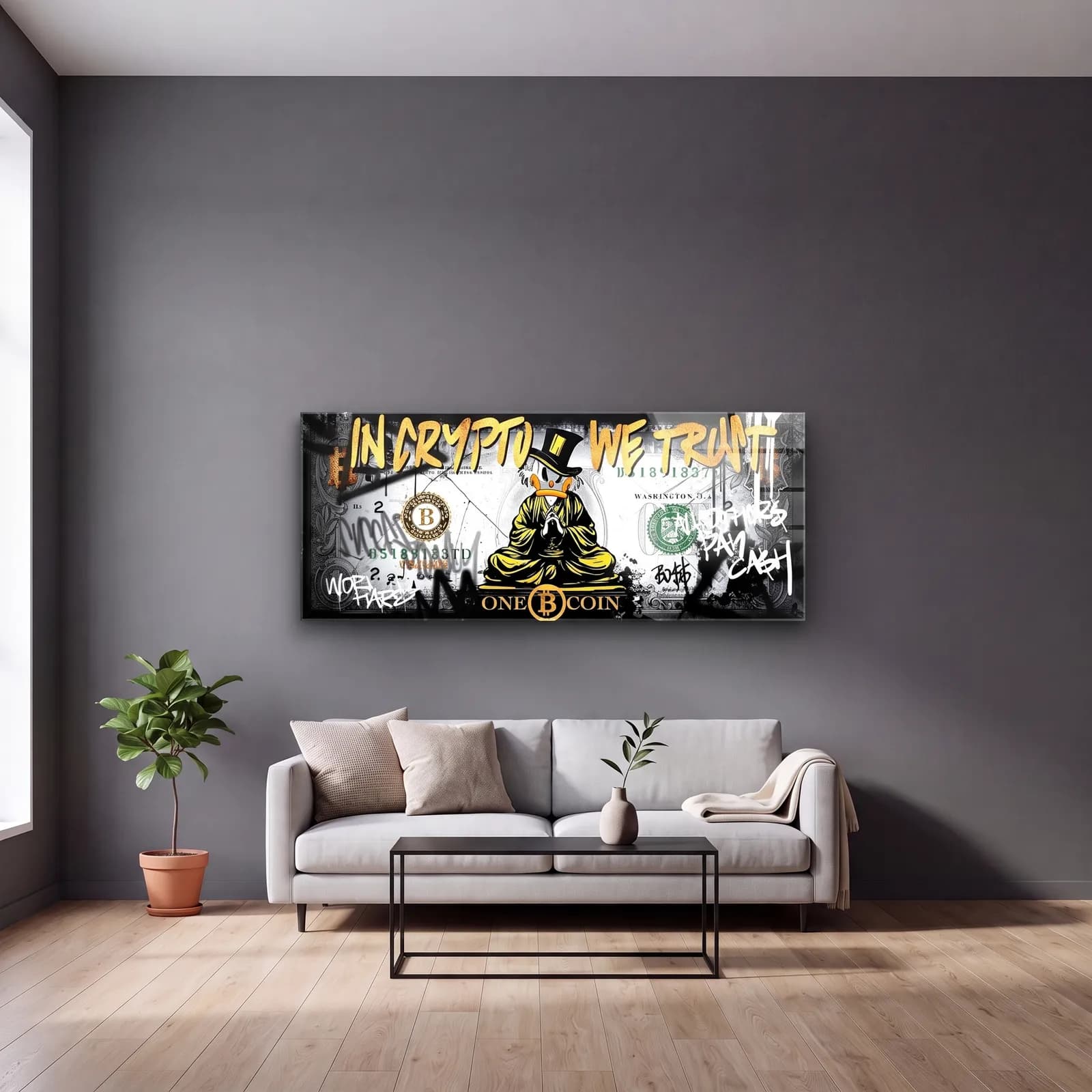 In Crypto We Trust Bitcoin cam tablo — gri duvarlı salonda