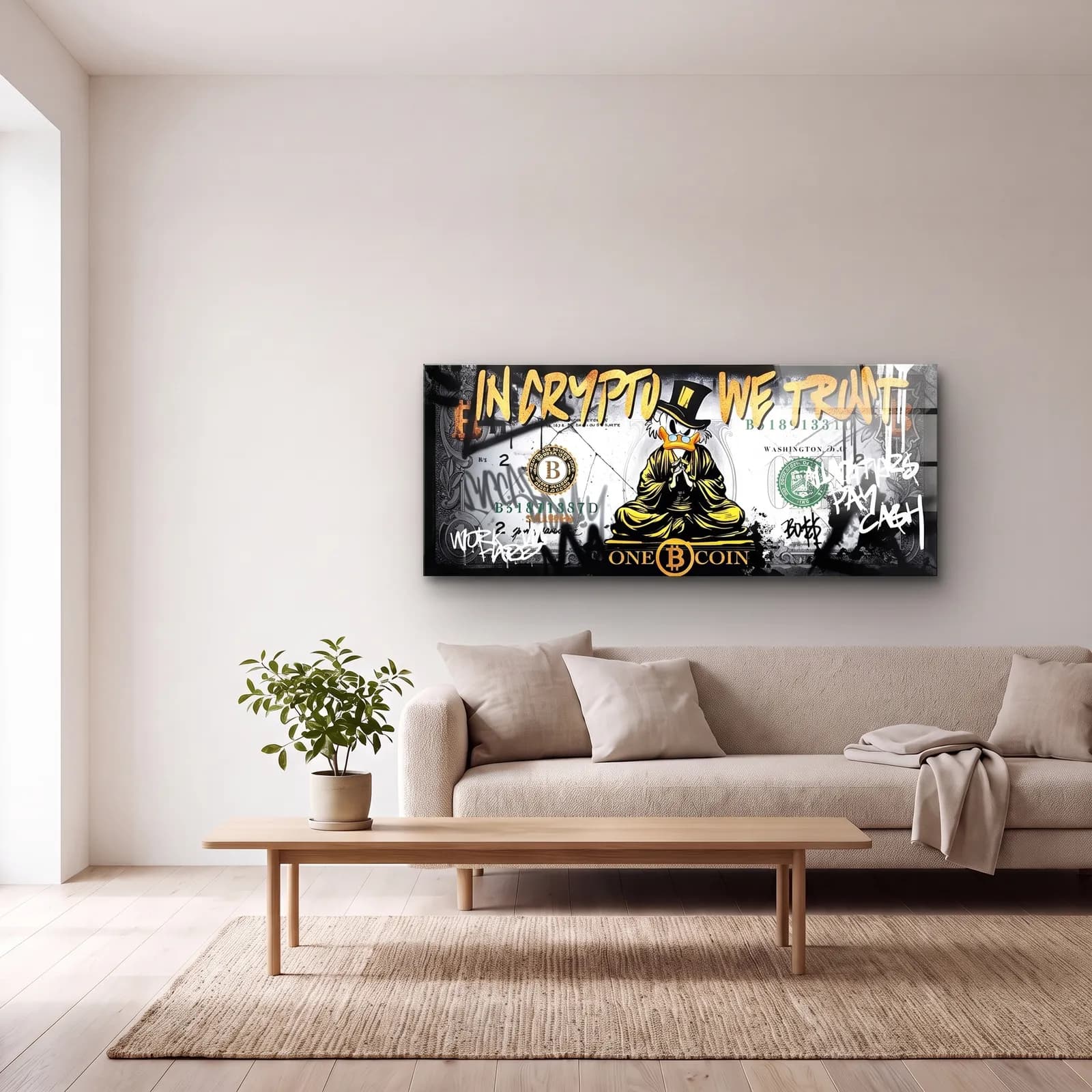 In Crypto We Trust Bitcoin cam tablo — açık renk salonda
