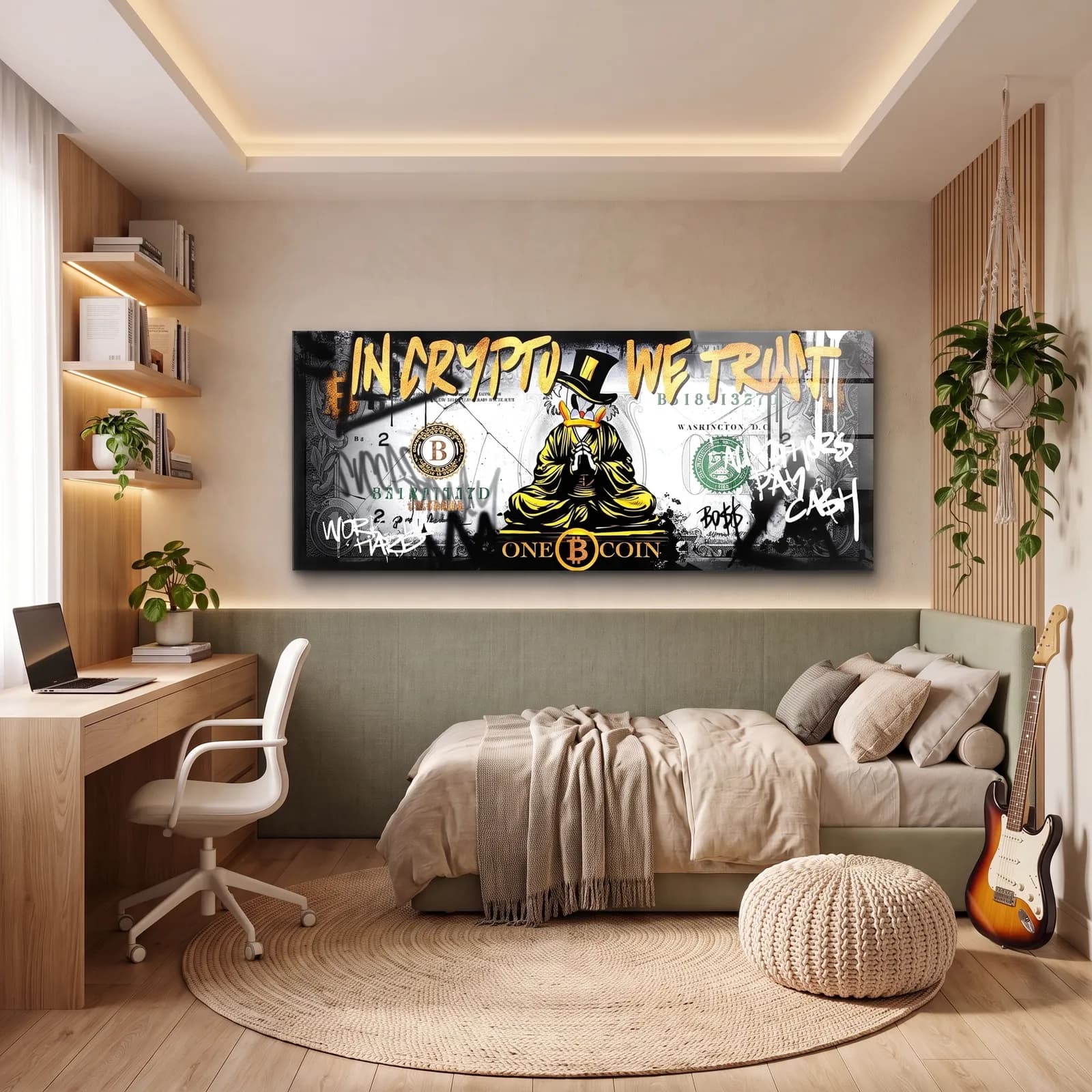 In Crypto We Trust Bitcoin cam tablo — genç odasında