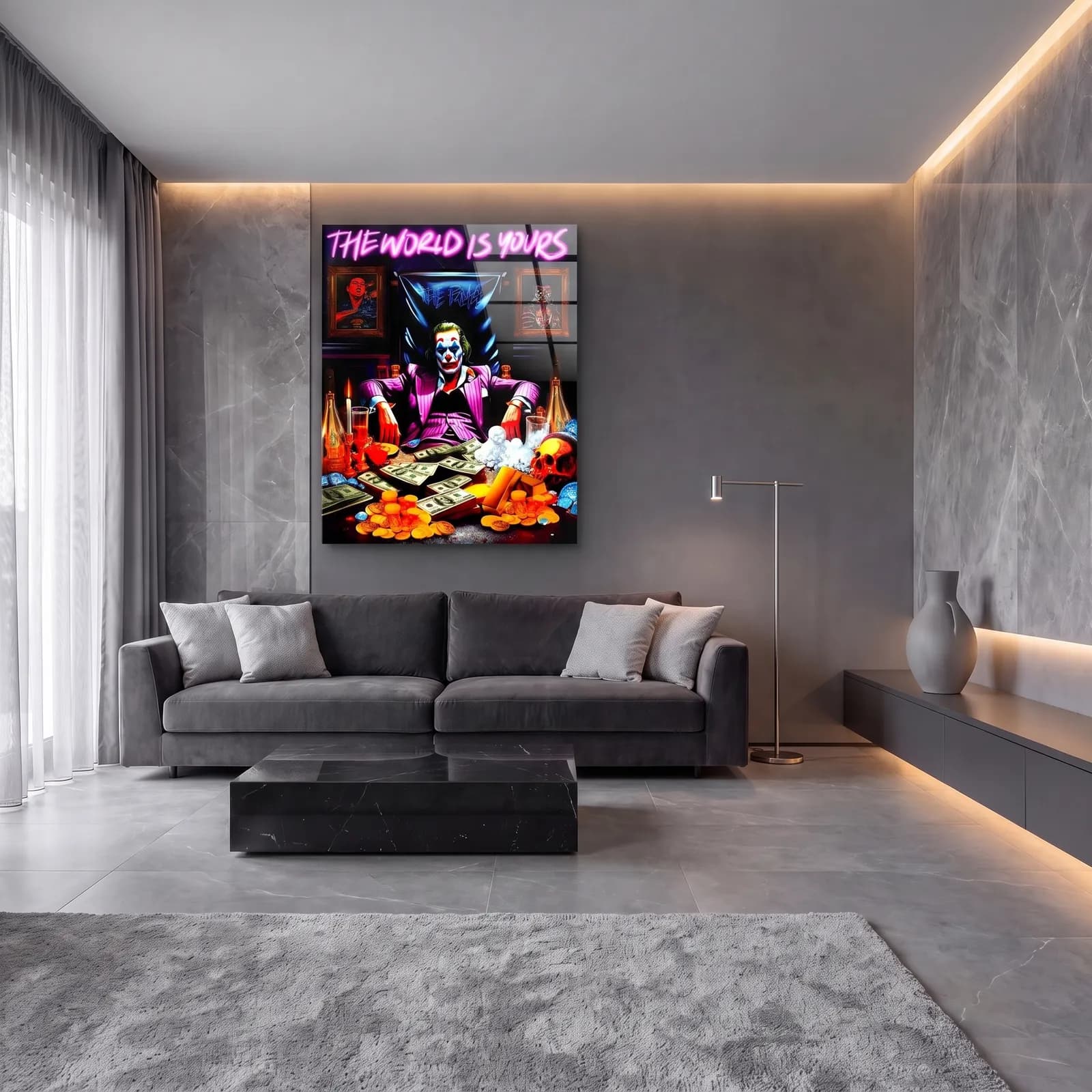 Joker The World Is Yours cam tablo — lüks salon duvarında