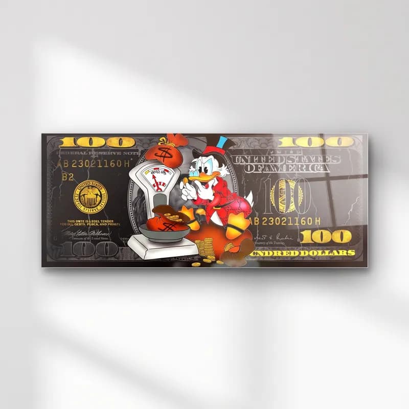 Scrooge McDuck 100 Dolar cam tablo — Siyah altın 100 dolar banknotunda terazide para tartan Scrooge McDuck