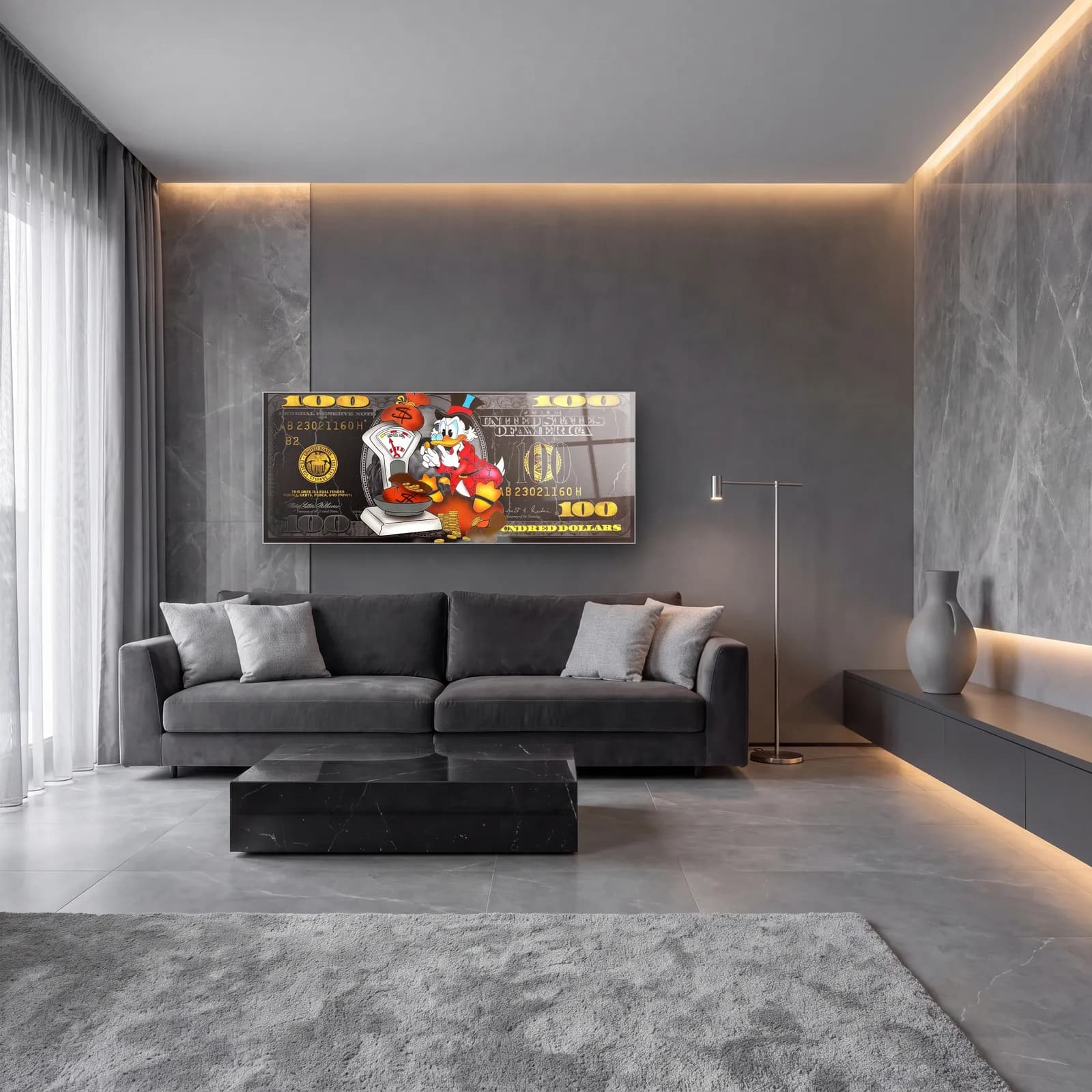 Scrooge McDuck 100 Dolar cam tablo — lüks salon duvarında