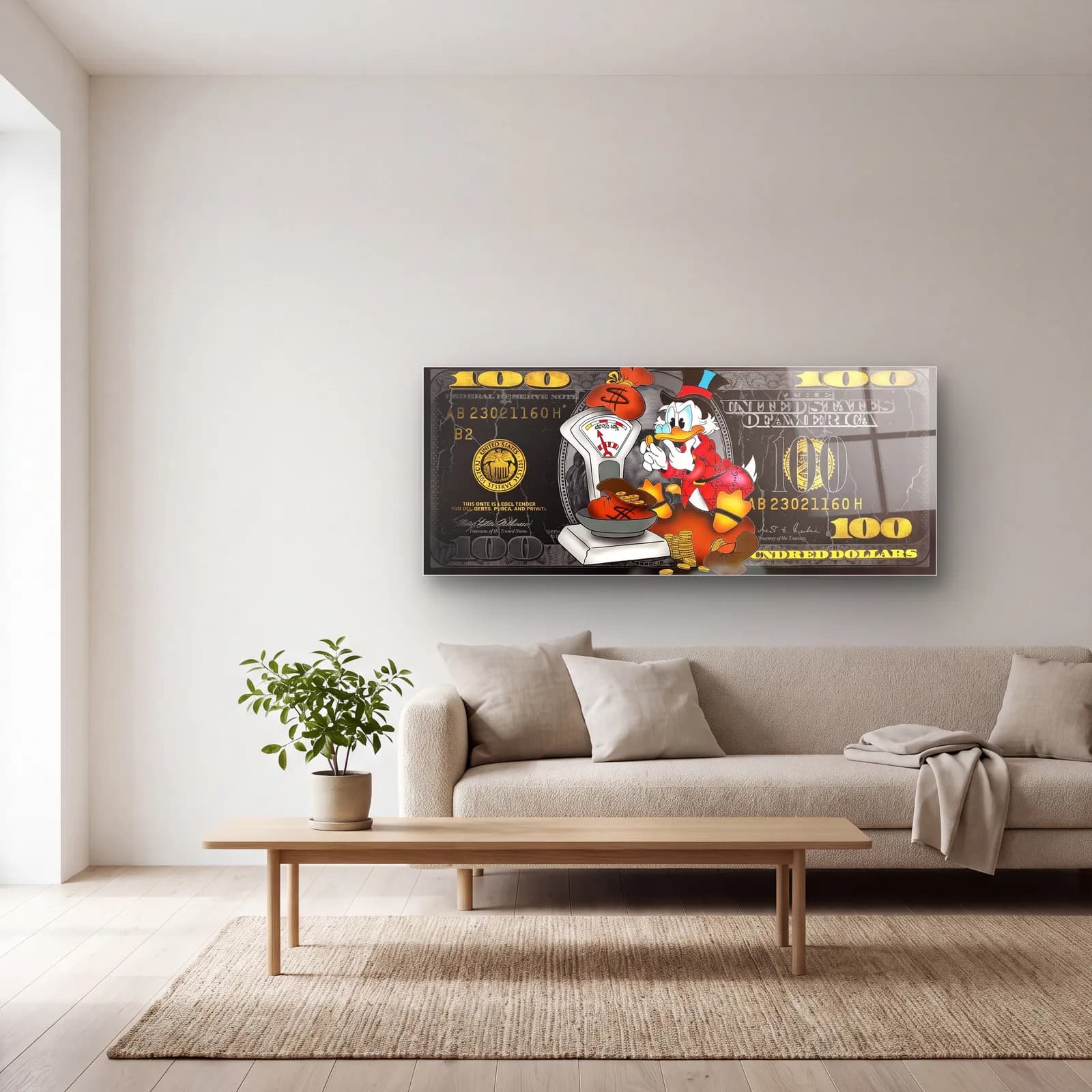 Scrooge McDuck 100 Dolar cam tablo — açık renk salonda