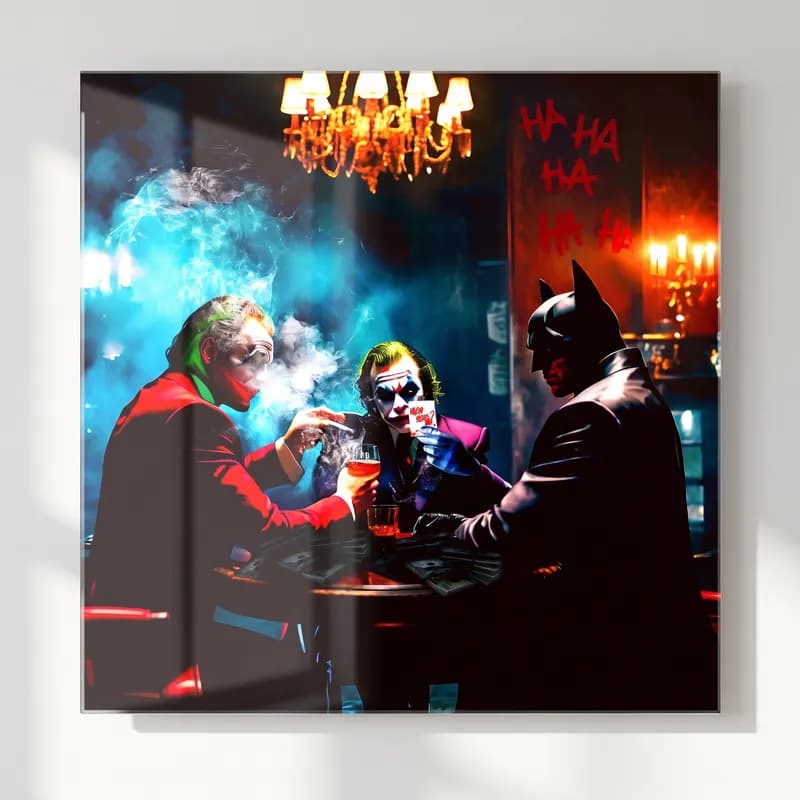 Joker ve Batman Poker Masası cam tablo — Kırmızı ışıklı loş mekânda iki Joker ile masada oturan Batman