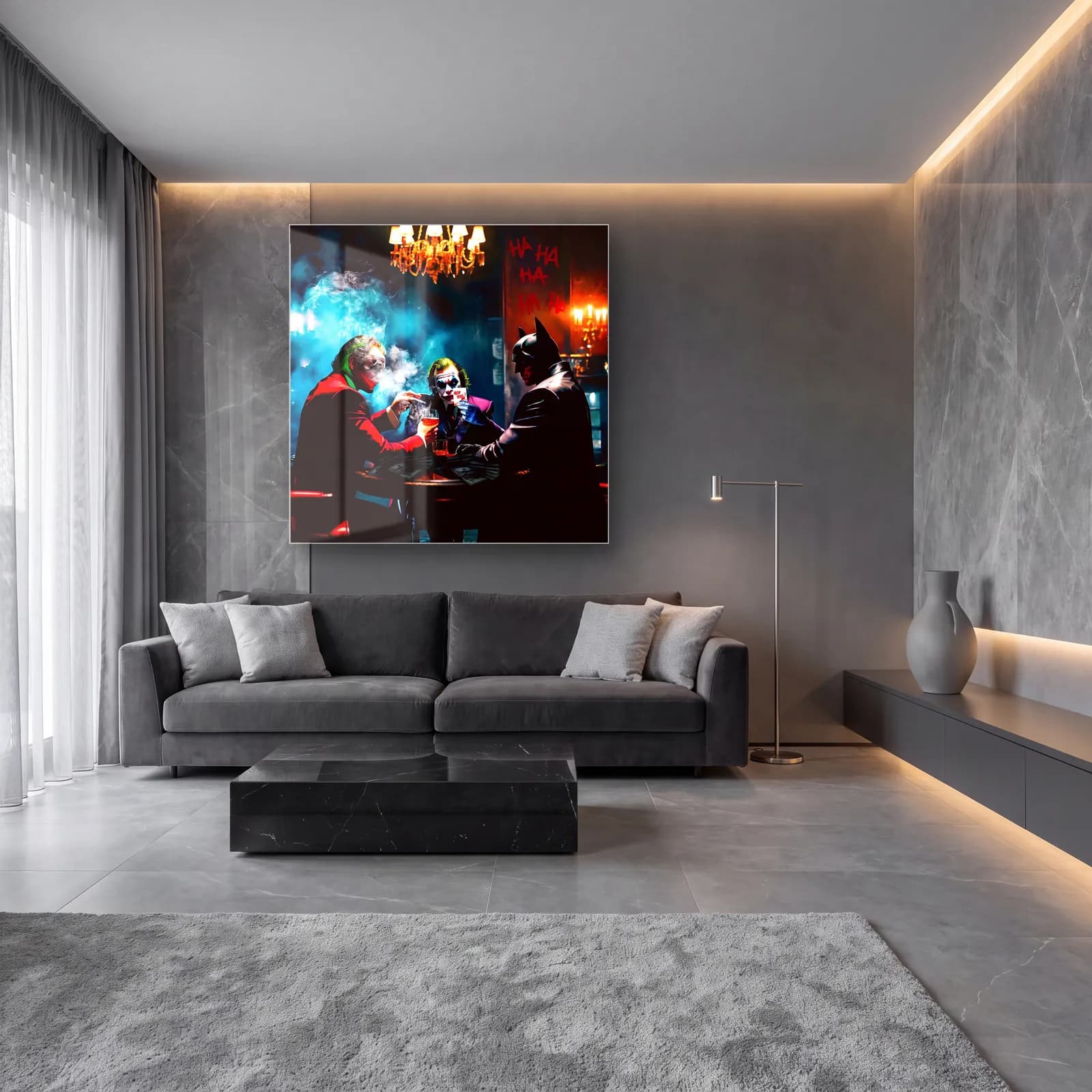 Joker ve Batman Poker Masası cam tablo — lüks salon duvarında