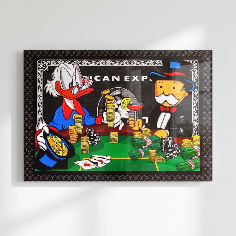 Scrooge ve Monopoly Poker cam tablo — Kart çerçeveli zeminde poker masasında Scrooge McDuck ve Monopoly adamı