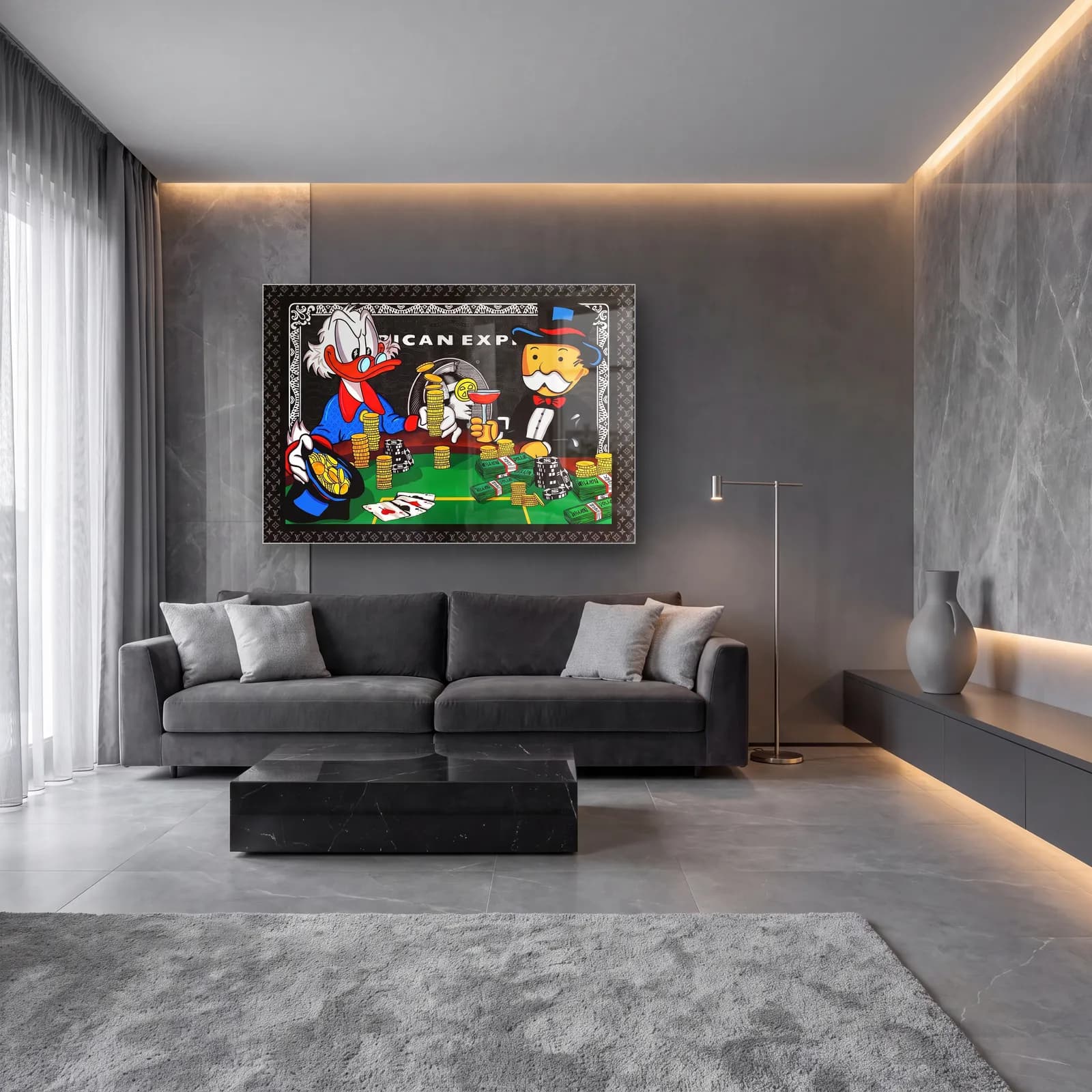 Scrooge ve Monopoly Poker cam tablo — lüks salon duvarında