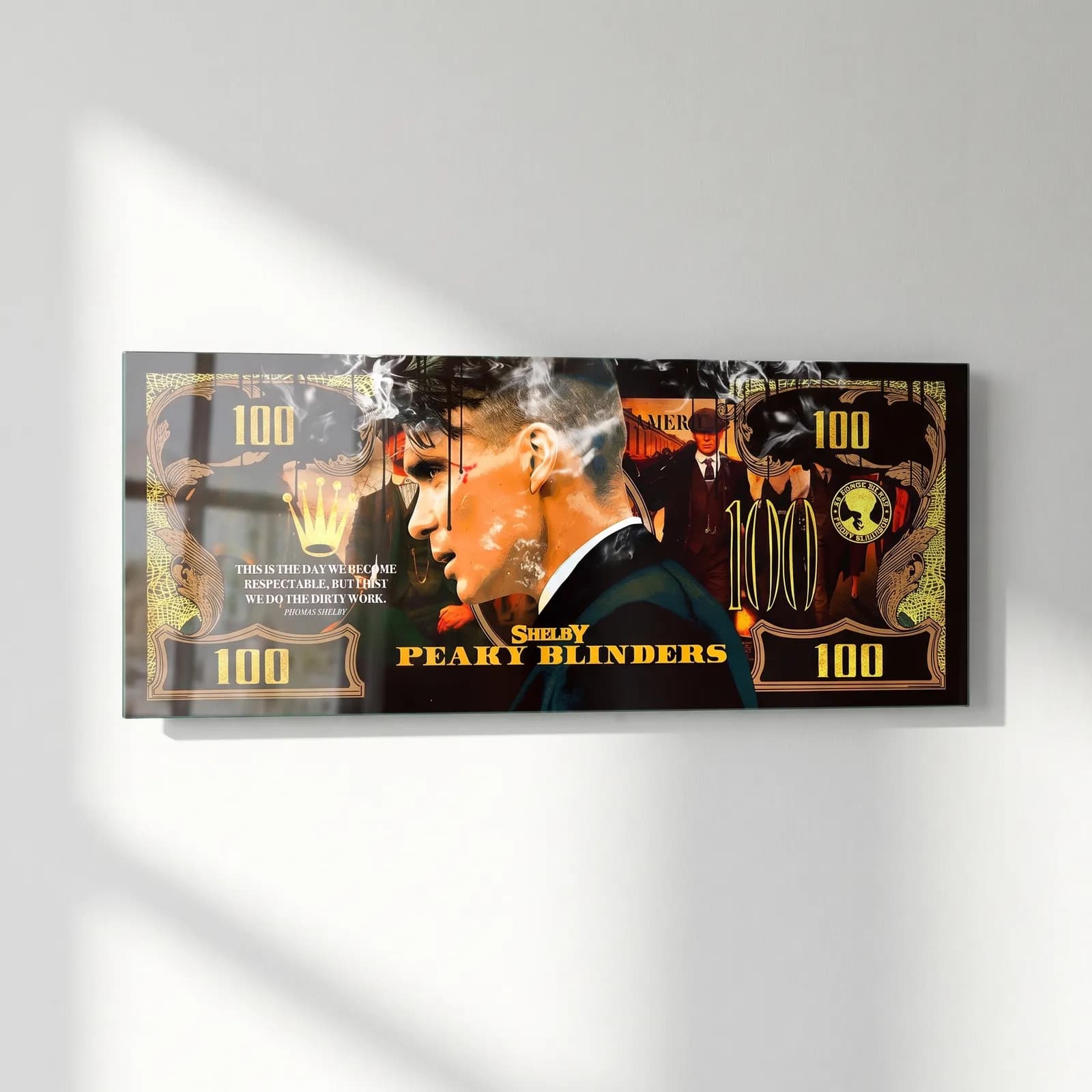 Peaky Blinders Shelby Dolar cam tablo — sol açıdan görünüm