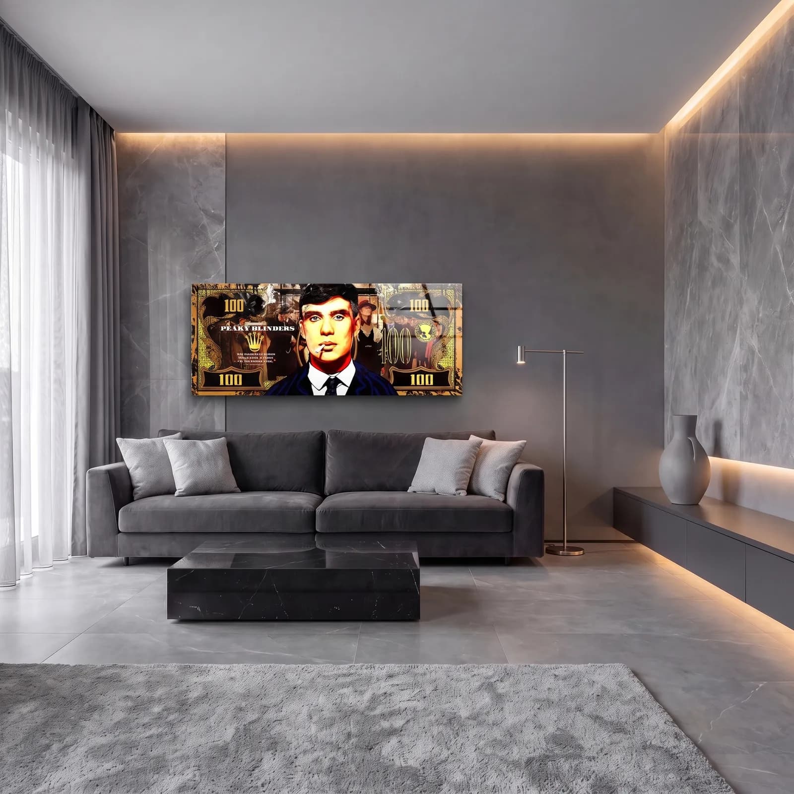Thomas Shelby Sigaralı Dolar cam tablo — lüks salon duvarında