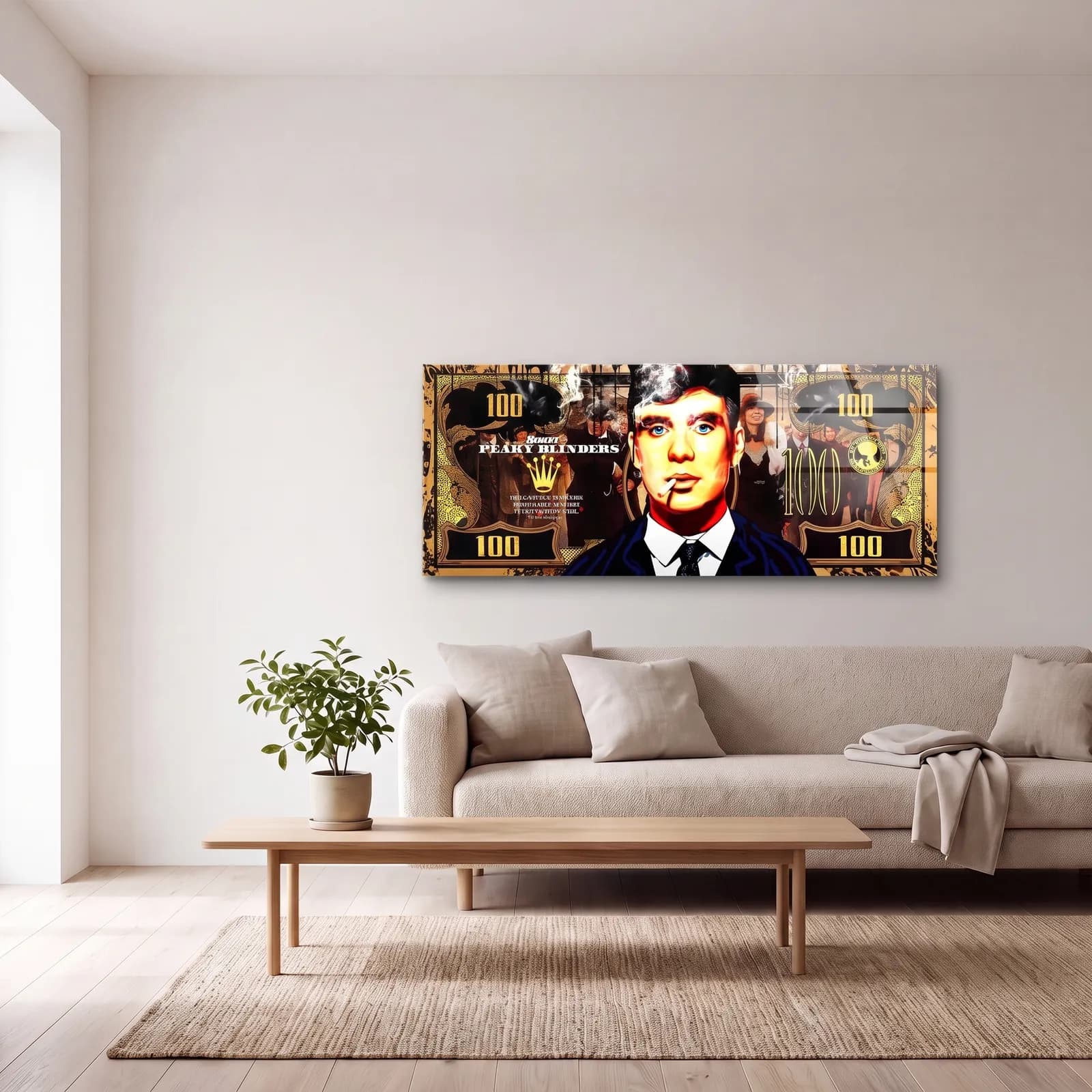Thomas Shelby Sigaralı Dolar cam tablo — açık renk salonda