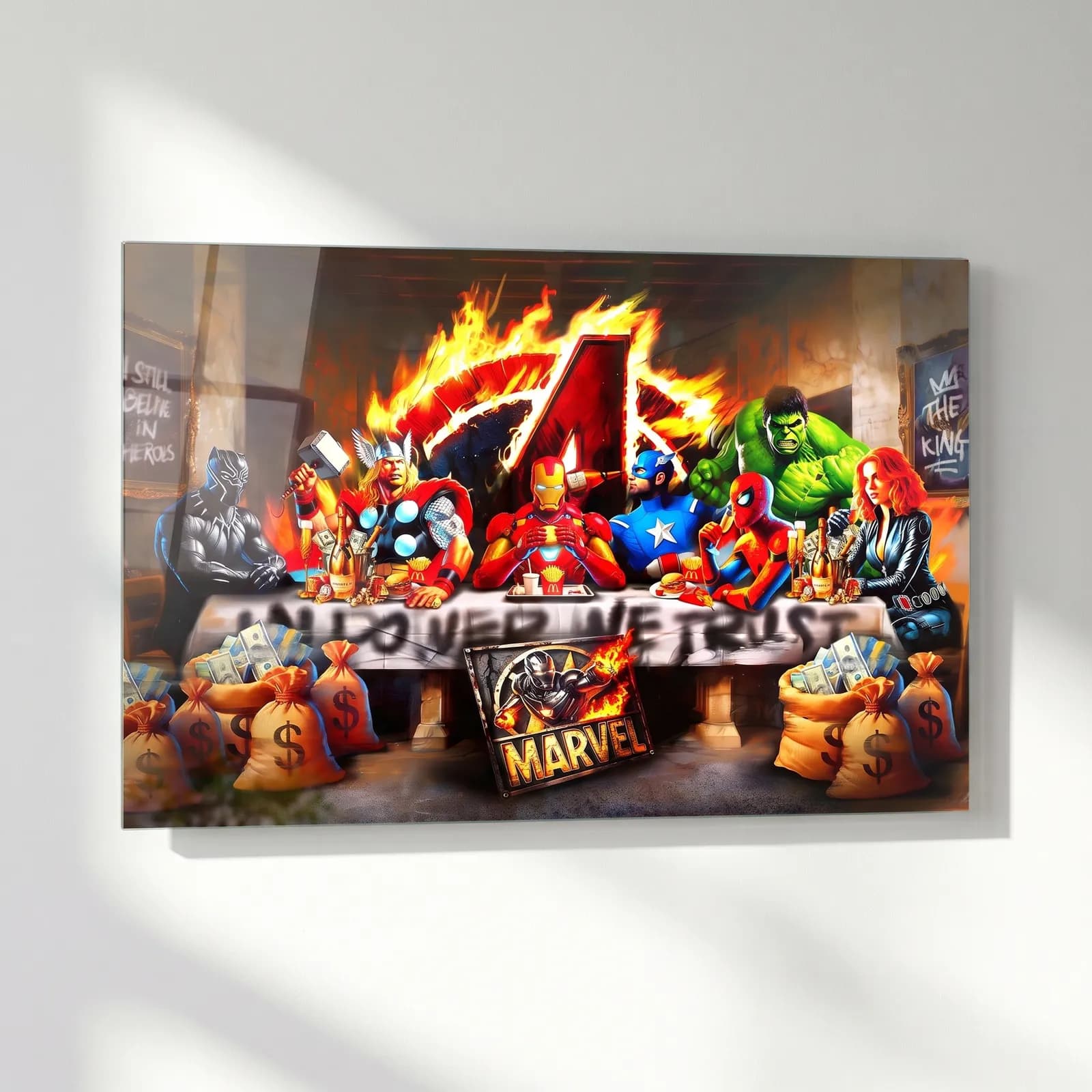 Marvel Kahramanları Son Akşam Yemeği cam tablo — sol açıdan görünüm