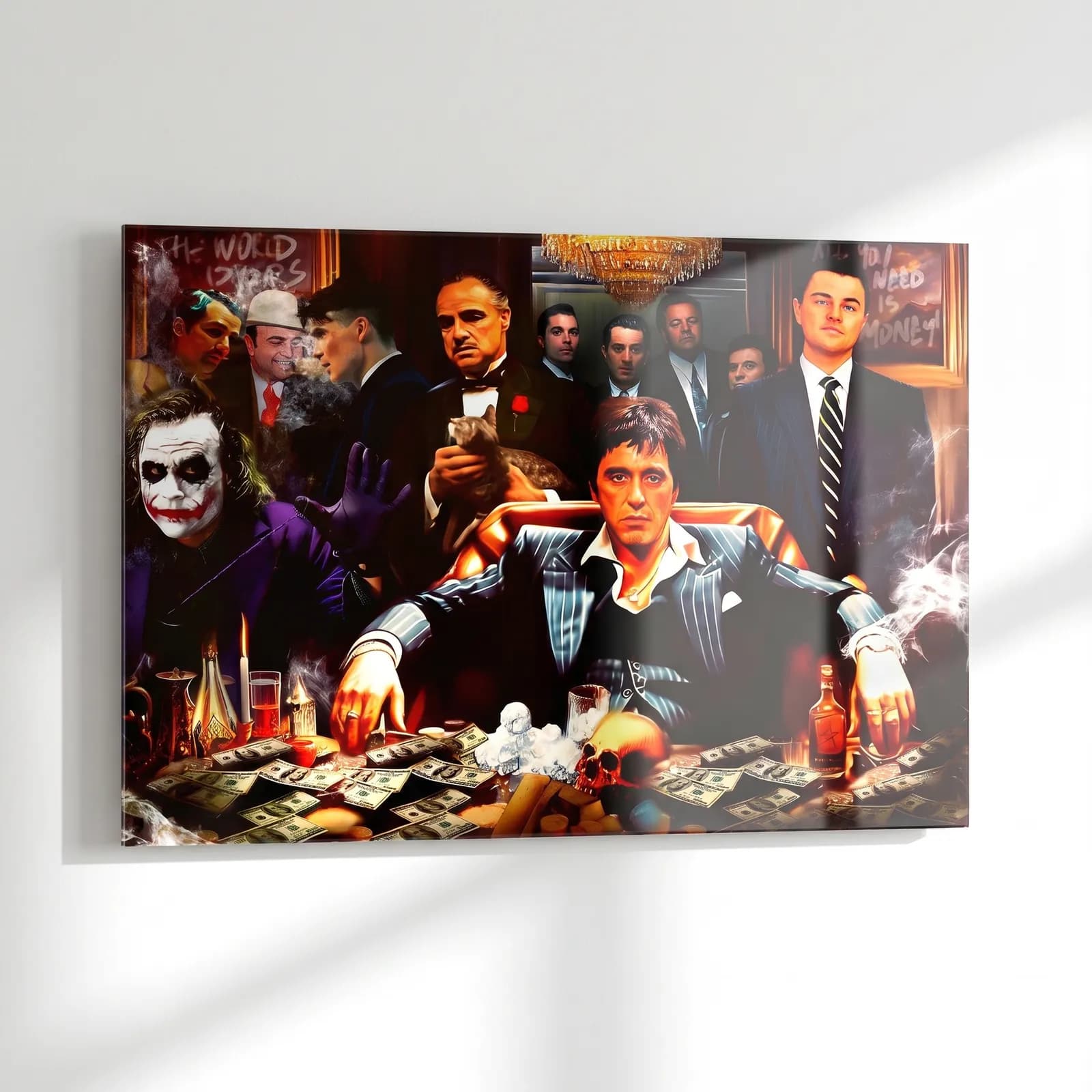 Scarface ve Gangster Masası cam tablo — sol açıdan görünüm