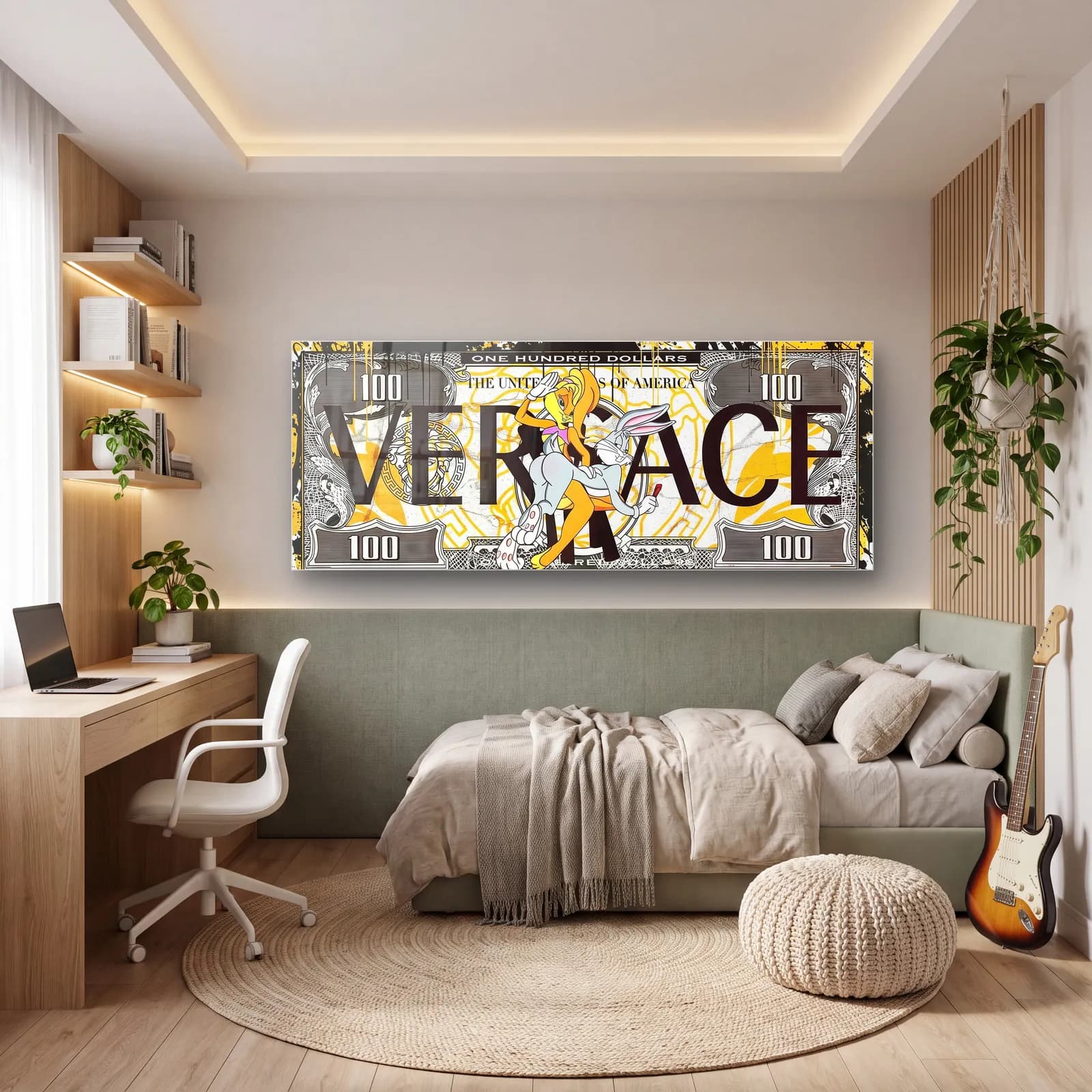 Versace Desenli Bugs Bunny Dolar cam tablo — genç odasında