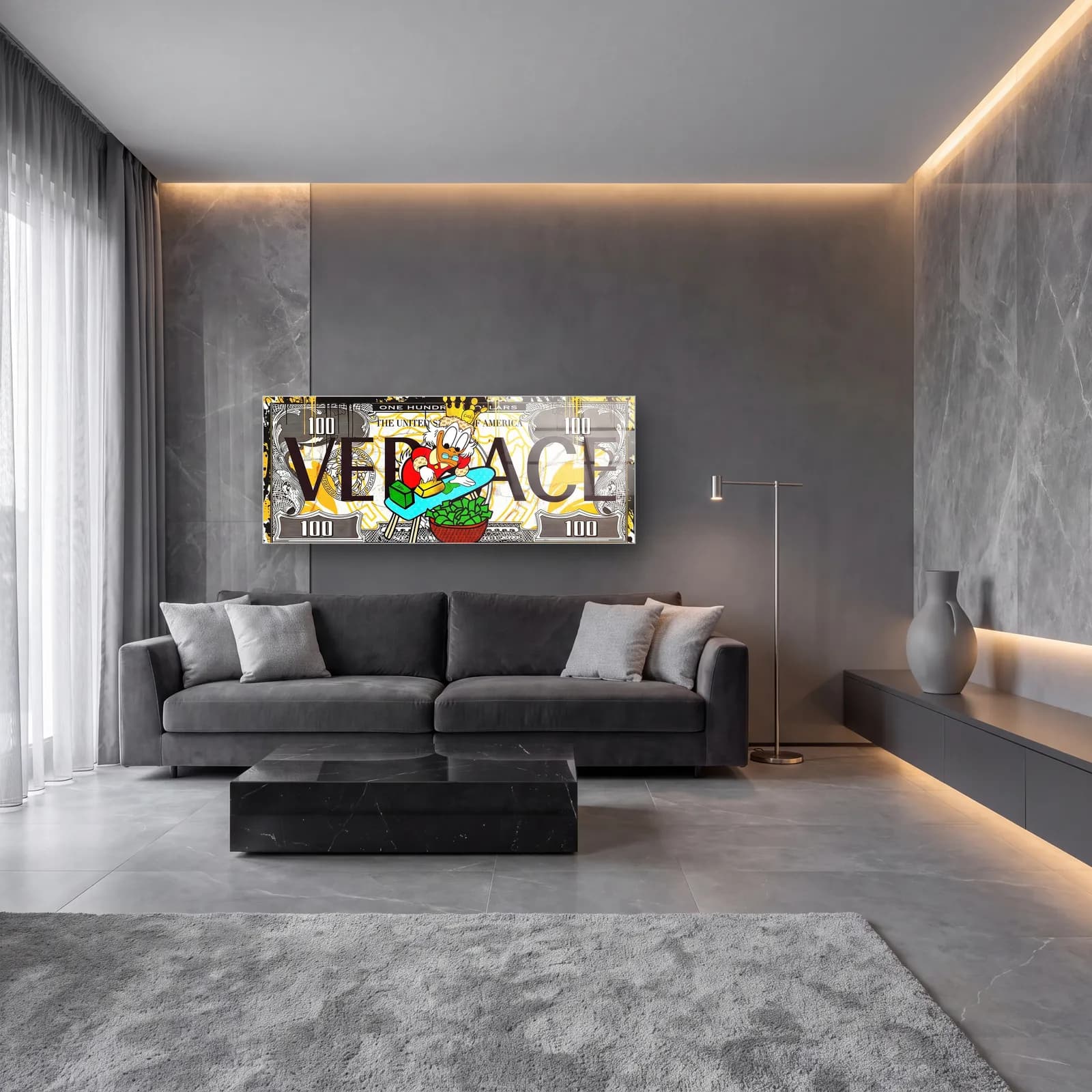 Versace Desenli Scrooge Dolar cam tablo — lüks salon duvarında