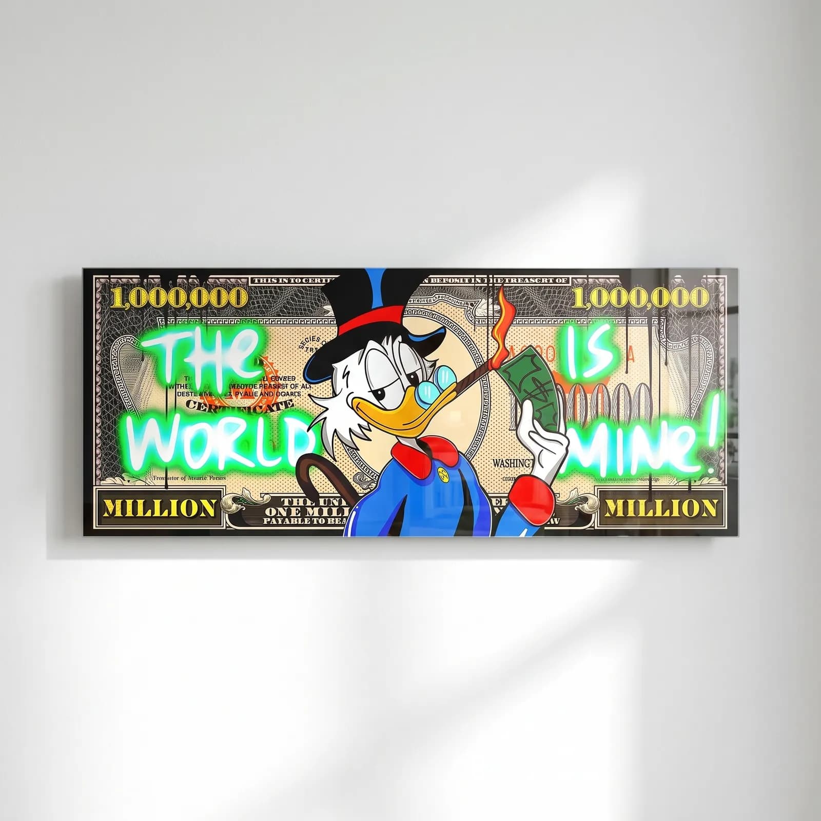 Scrooge The World Is Mine cam tablo — Milyon dolar banknotunda neon yazılar arasında puro içen Scrooge McDuck
