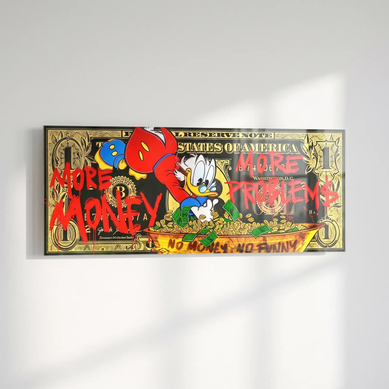 More Money More Problems Scrooge cam tablo — sol açıdan görünüm