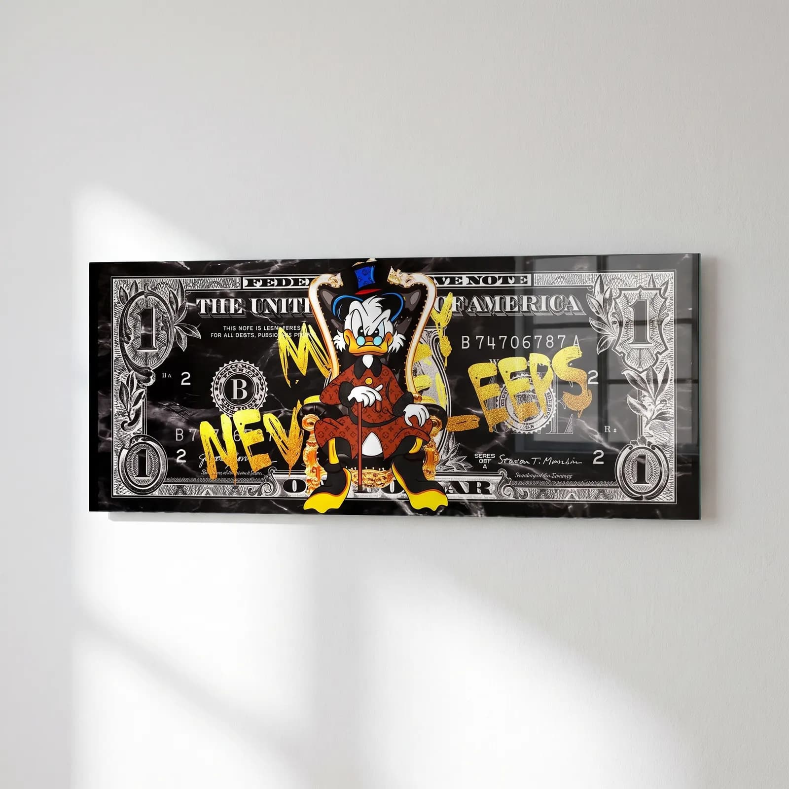 Scrooge Neon Grafiti Dolar cam tablo — sağ açıdan görünüm