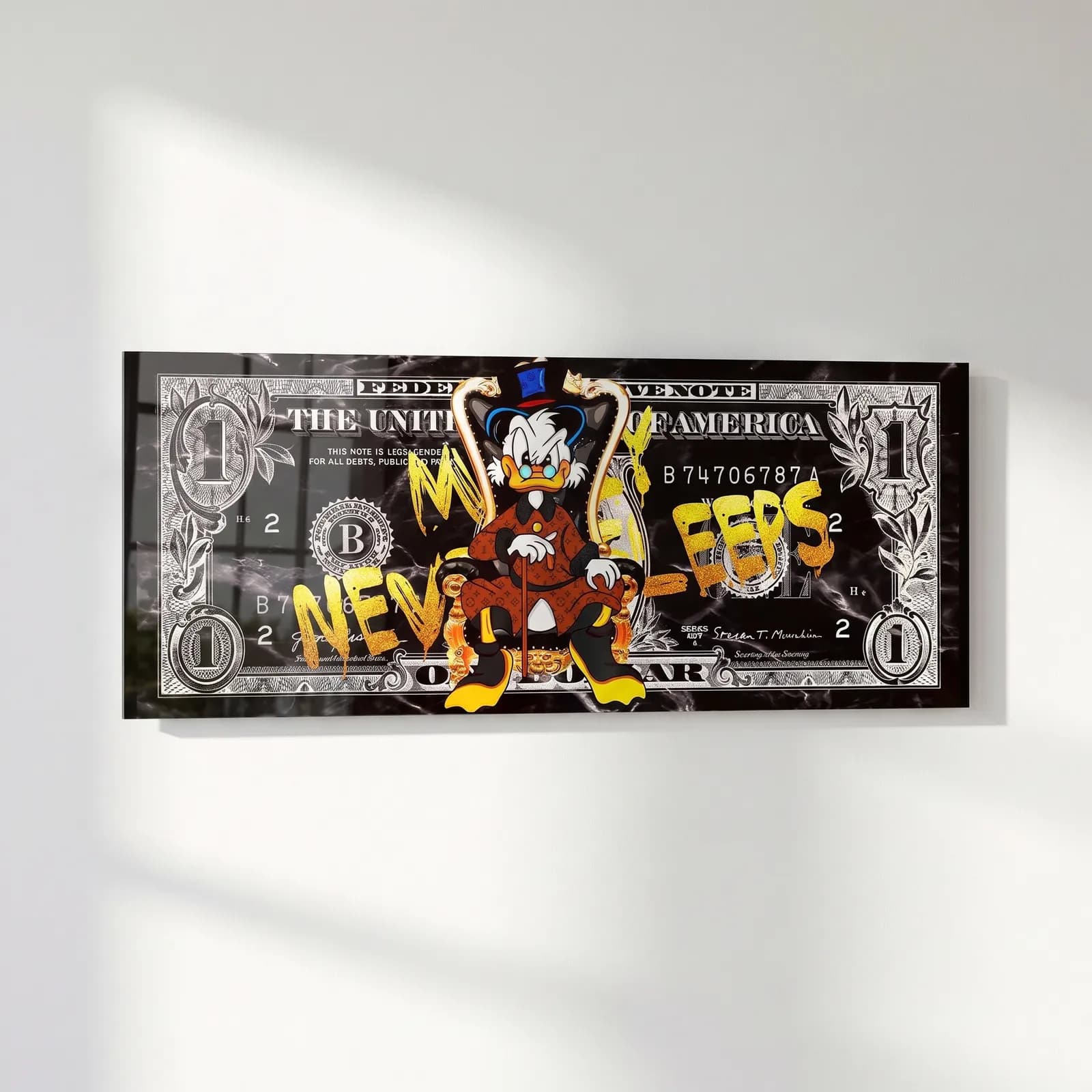 Scrooge Neon Grafiti Dolar cam tablo — sol açıdan görünüm