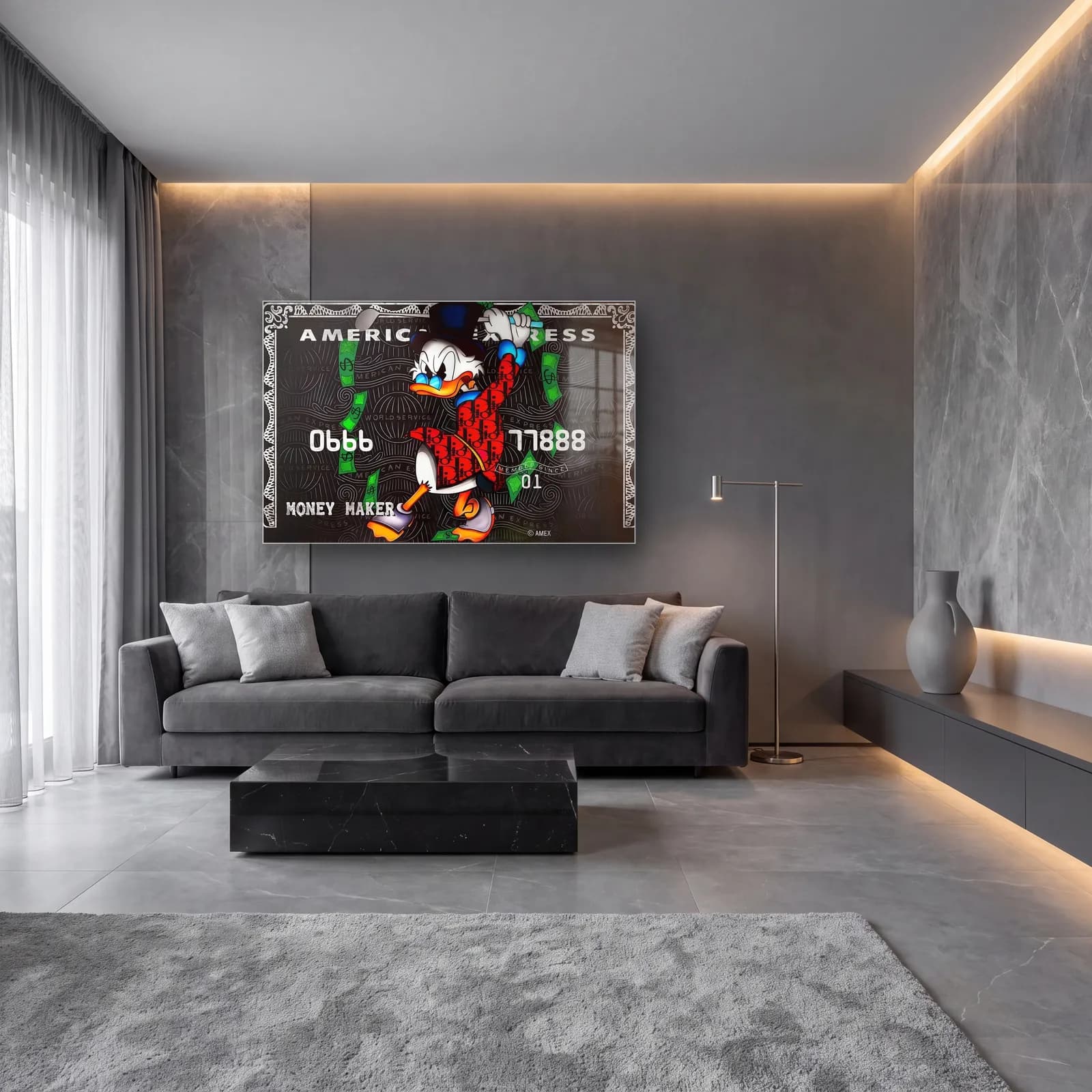 Scrooge Money Maker Kredi Kartı cam tablo — lüks salon duvarında
