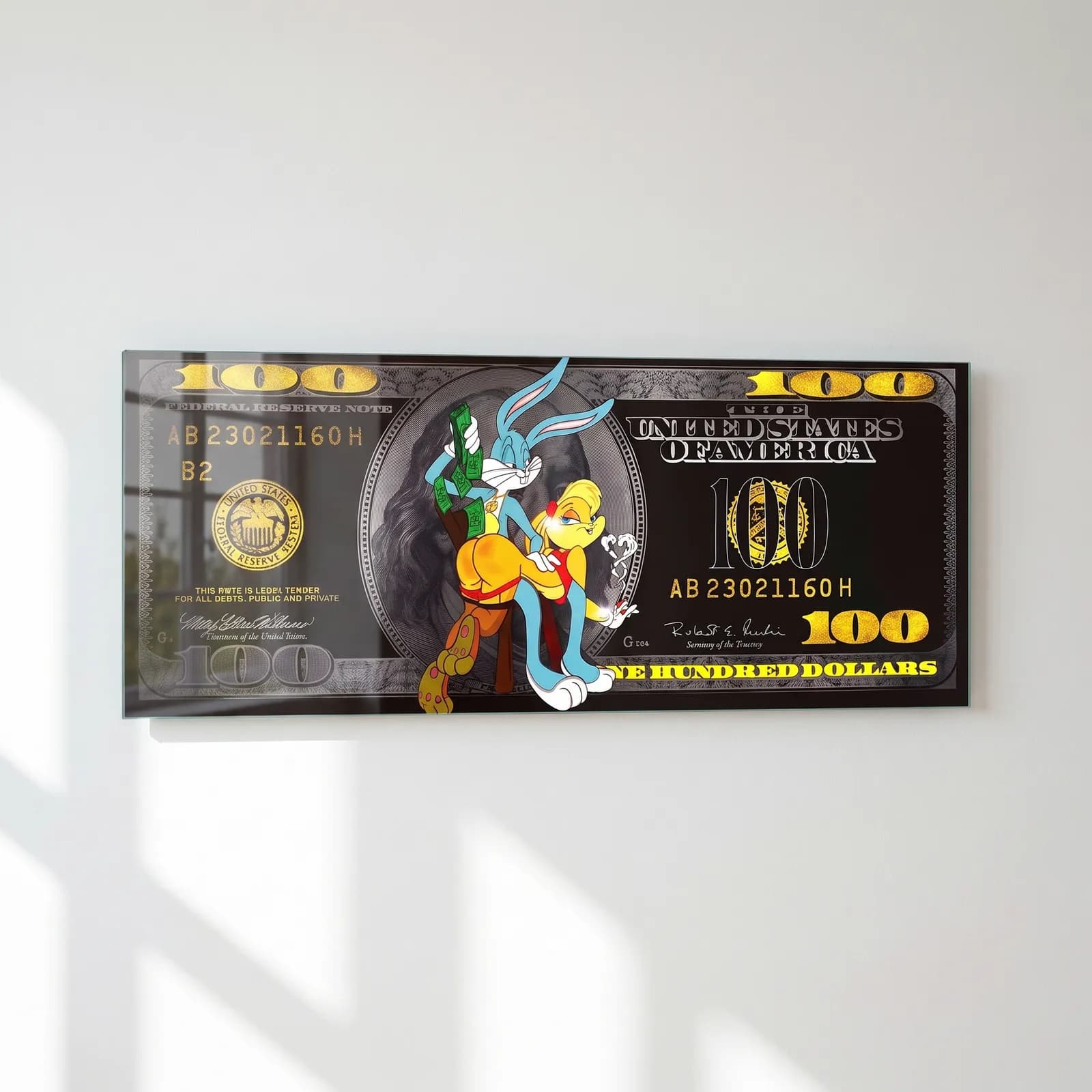 Bugs Bunny ve Lola 100 Dolar cam tablo — sol açıdan görünüm