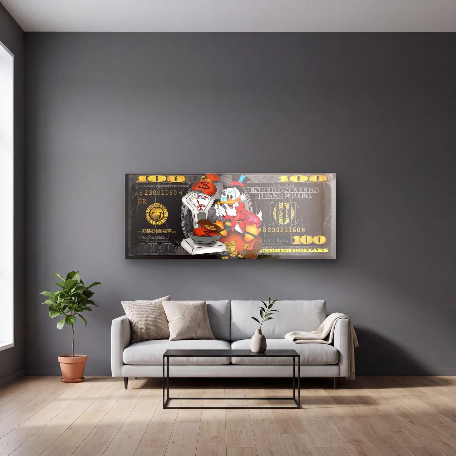 Scrooge Para Terazisi Dolar cam tablo — gri duvarlı salonda