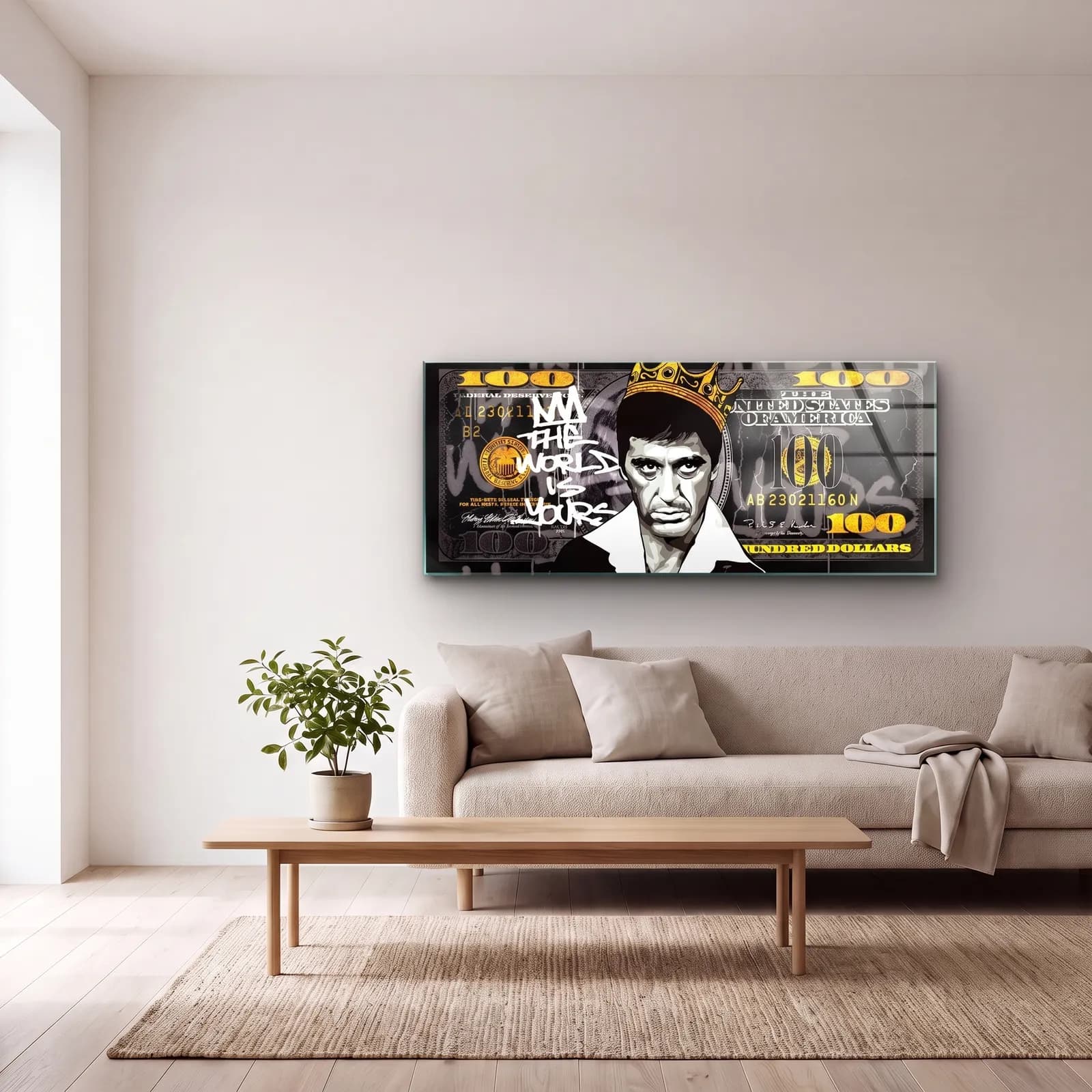 Scarface The World Is Yours Dolar cam tablo — açık renk salonda
