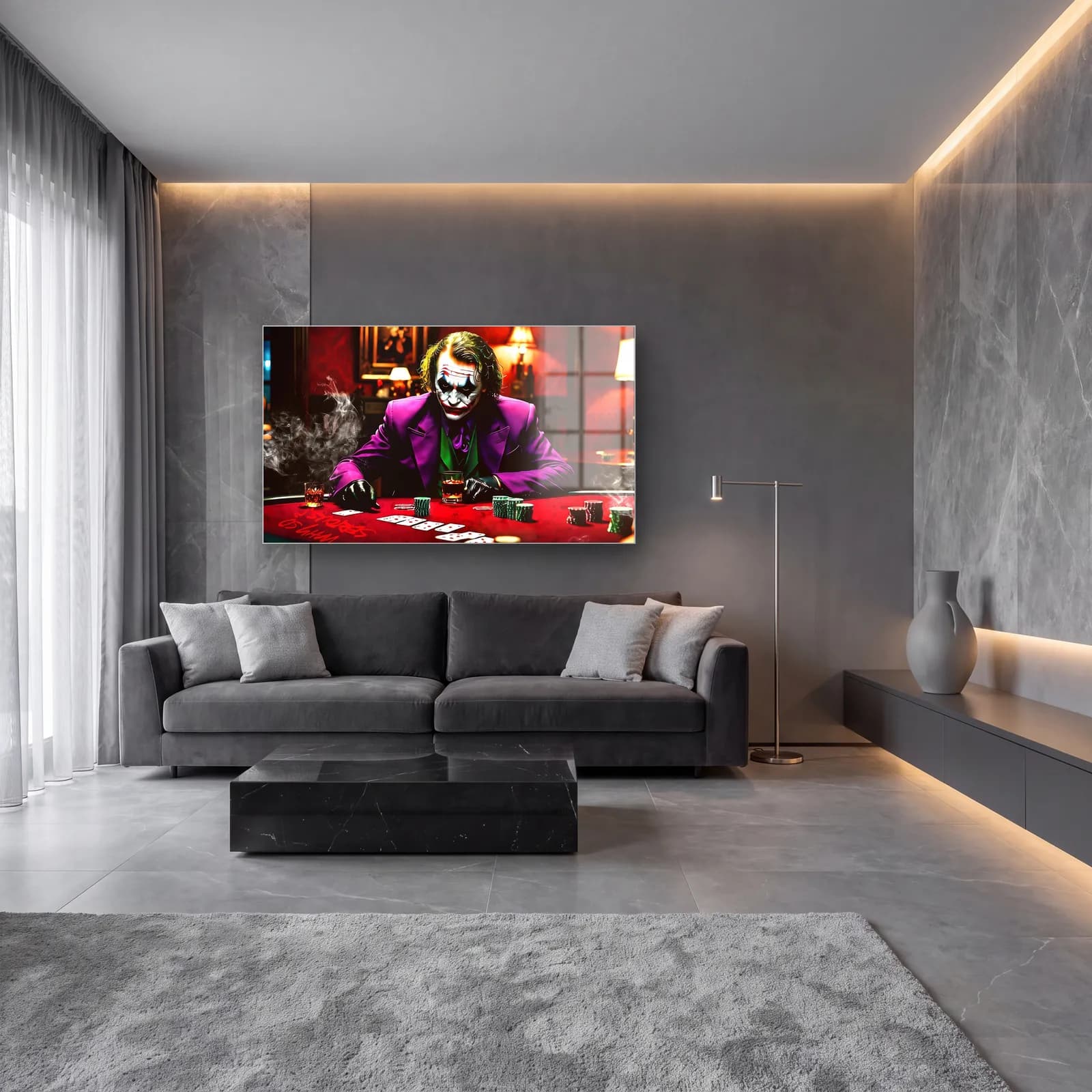 Poker Oynayan Joker cam tablo — lüks salon duvarında