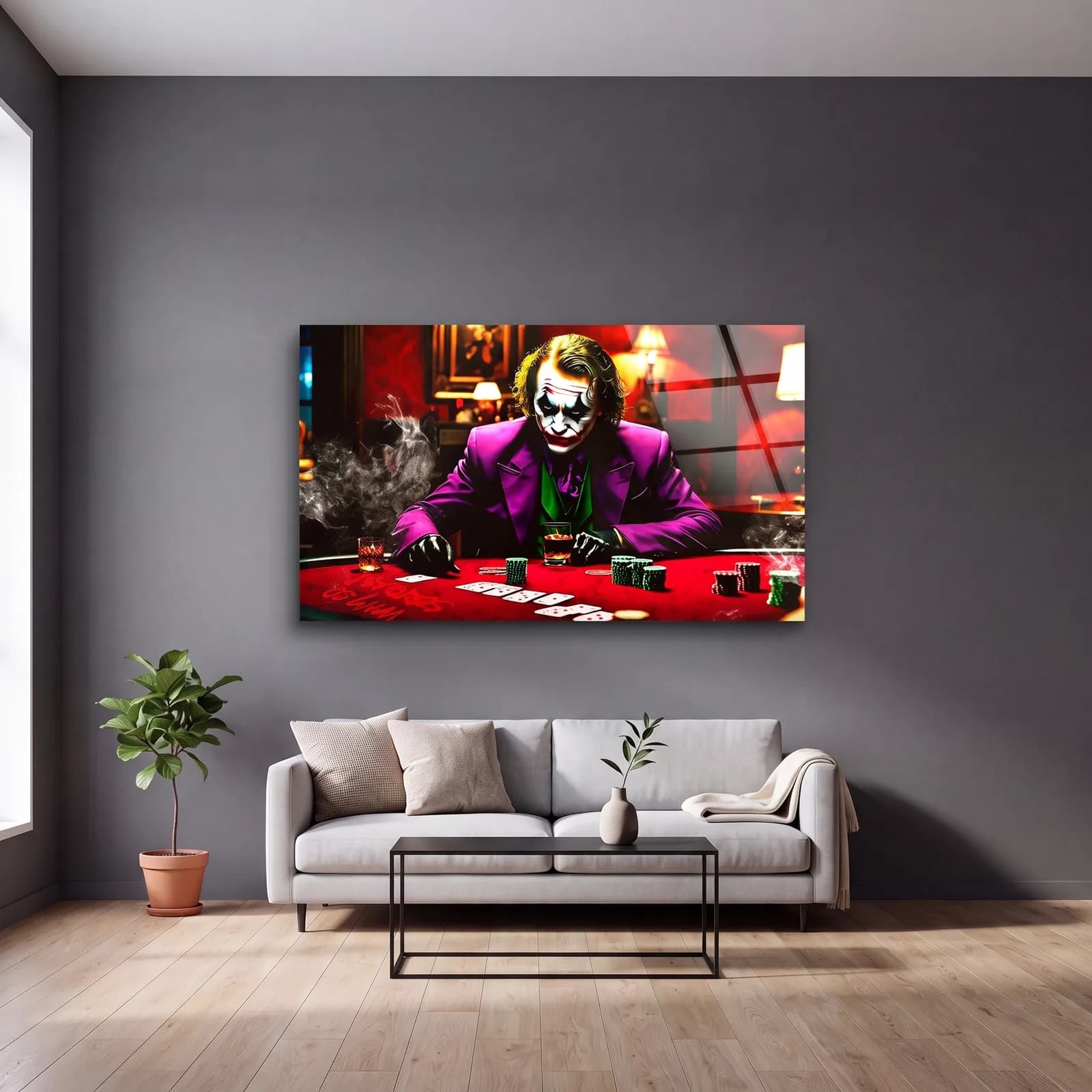 Poker Oynayan Joker cam tablo — gri duvarlı salonda