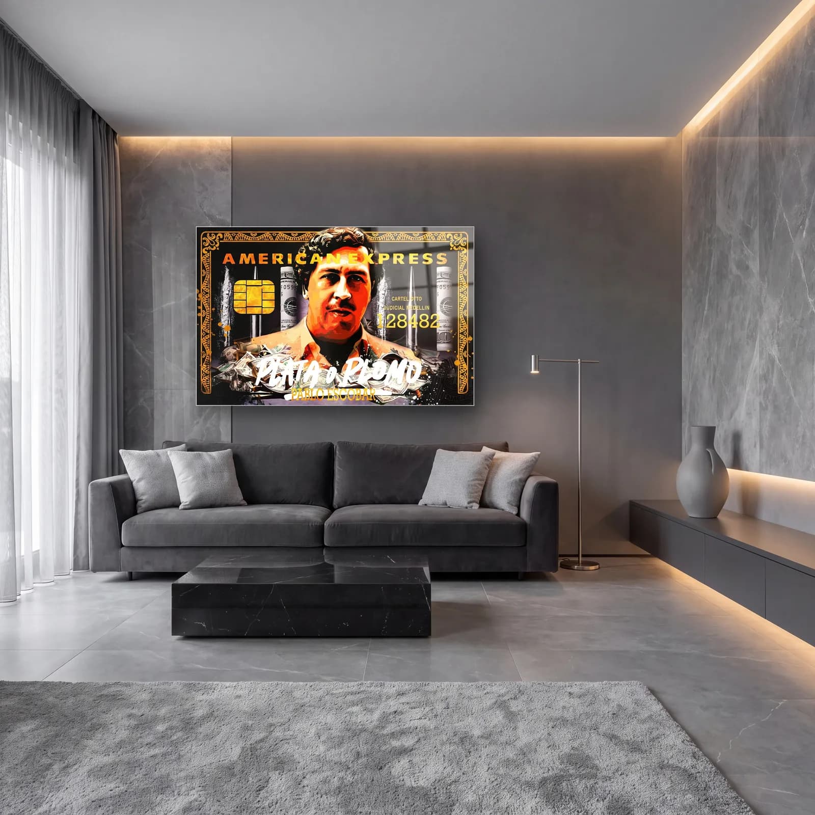 Pablo Escobar Plata O Plomo cam tablo — lüks salon duvarında