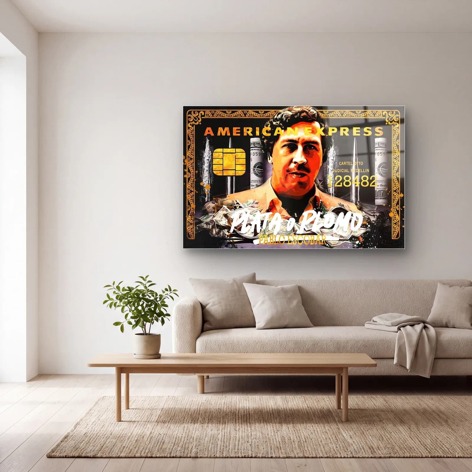 Pablo Escobar Plata O Plomo cam tablo — açık renk salonda