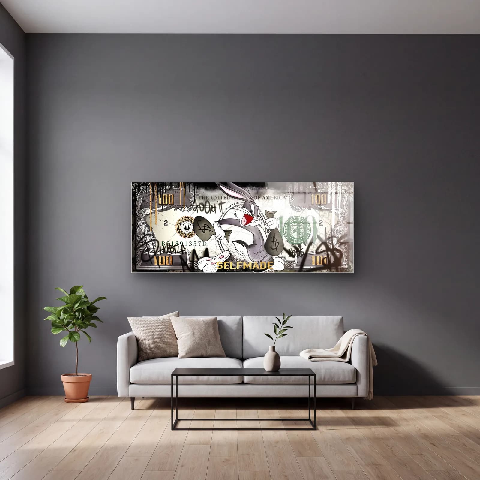 Bugs Bunny Selfmade Dolar cam tablo — gri duvarlı salonda