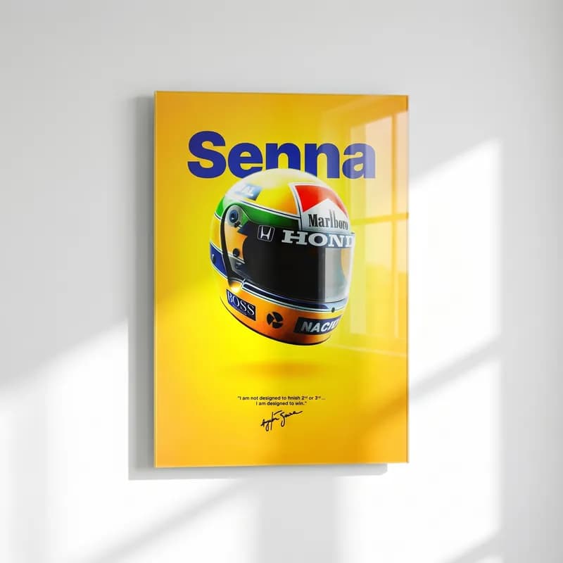 Ayrton Senna Kaskı cam tablo — Sarı zemin üzerinde Senna yazısı ve sarı yeşil Ayrton Senna kaskı