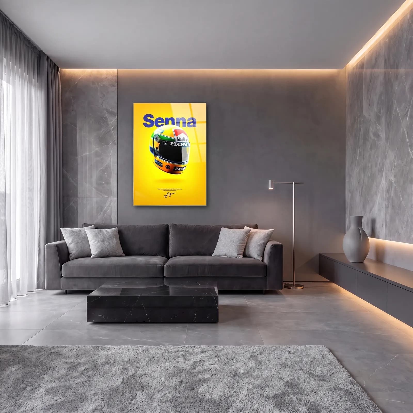 Ayrton Senna Kaskı cam tablo — lüks salon duvarında