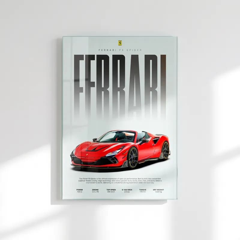 Ferrari F8 Spider Posteri cam tablo — Gri zeminde iri Ferrari yazısı altında kırmızı Ferrari F8 Spider