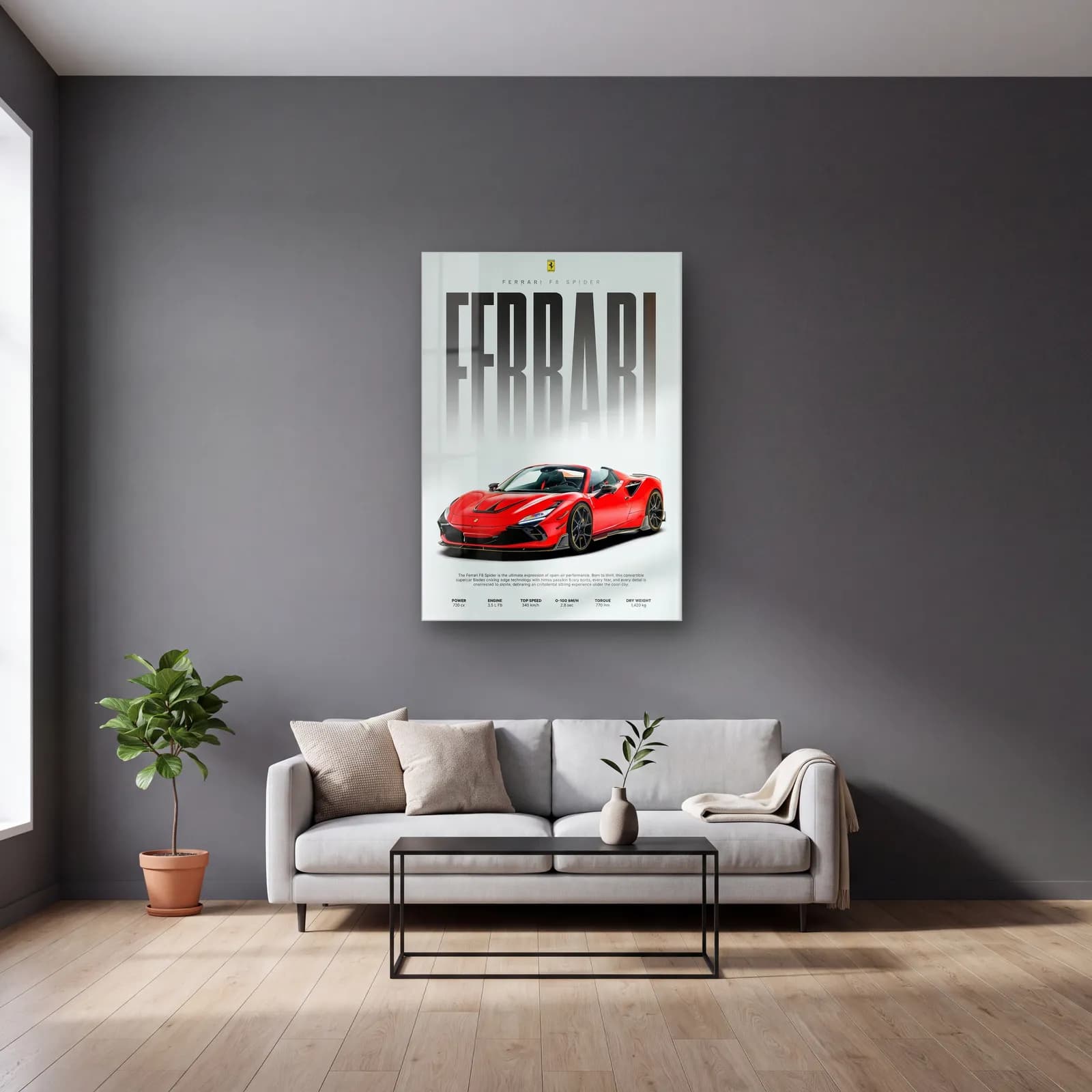 Ferrari F8 Spider Posteri cam tablo — gri duvarlı salonda